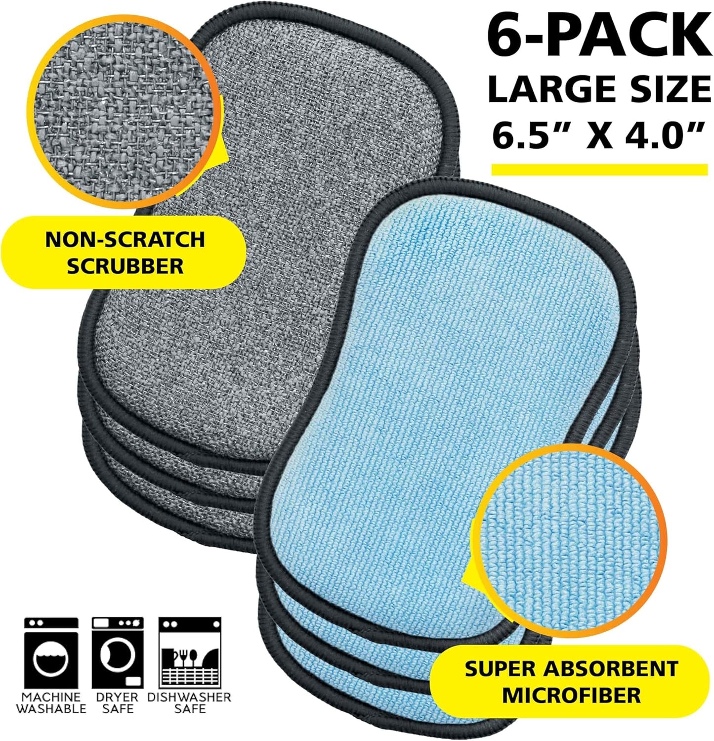 Original Scrub-N-Wipe Pad by Tuff-Scrub, 6-Pack, Microfiber, Multi-Surface, Non-Scratch, Dual-Sided, Scrubber for Dishes, Sinks, Non-Stick Cookware – Machine Washable, Durable Kitchen Sponge (Large)