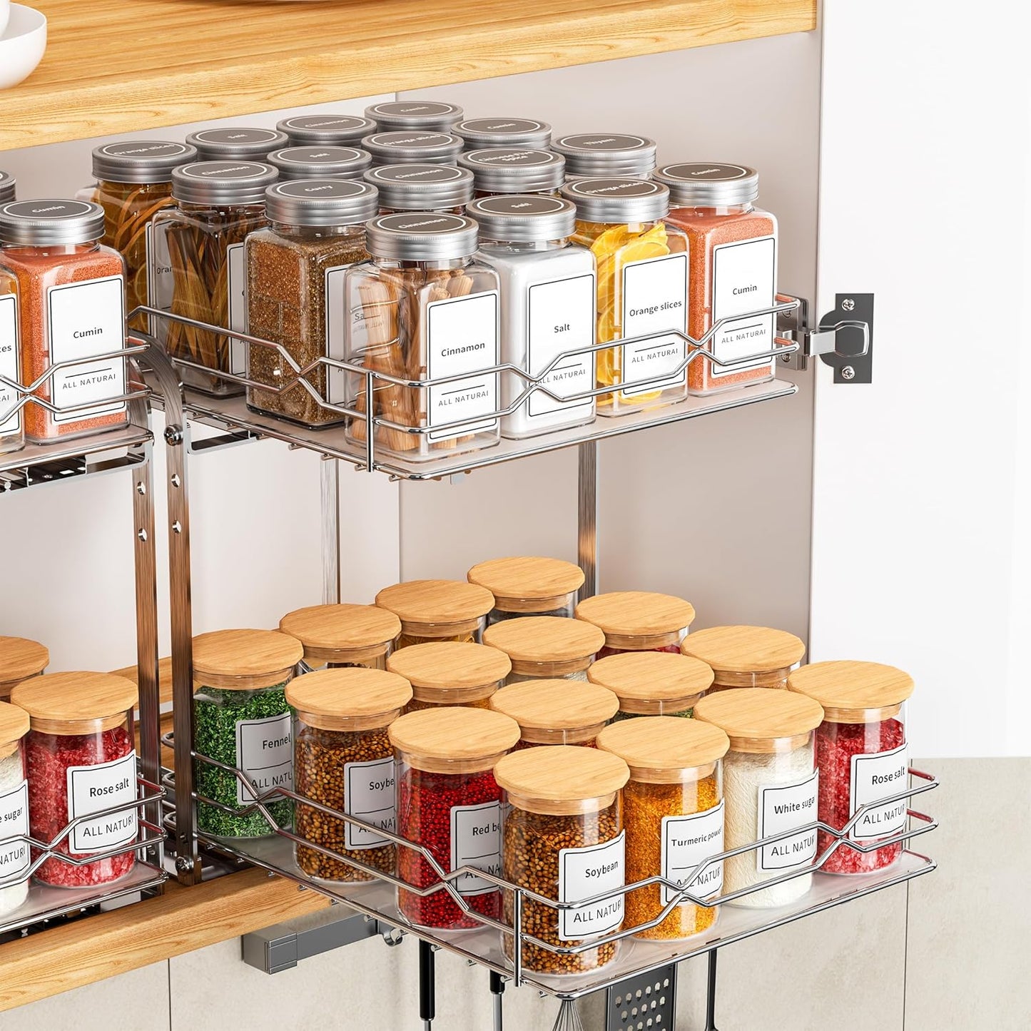 Pull Out Spice Rack, 2 Tier Spice Organization for Cabinet, Heavy Duty Spice Rack, 9-1/4 inch Wide - Spice Racks for Inside Cabinets, Kitchen, Pantry - Chrome, 9.25”W x 10.39”D x 9.76”H