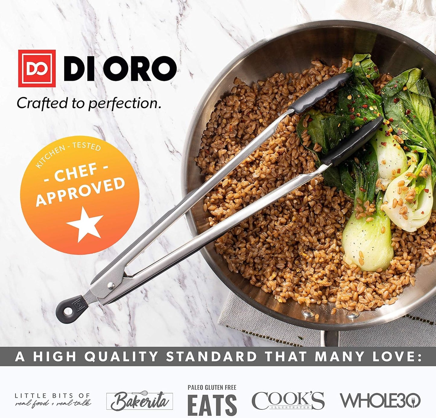 DI ORO Silicone Tongs for Cooking - Heat-Resistant Kitchen Tongs for Cooking with Silicone Tips - Small 9" & Large 12" for Nonstick Cookware - Stainless Steel Rubber Tipped (2pc, Black)