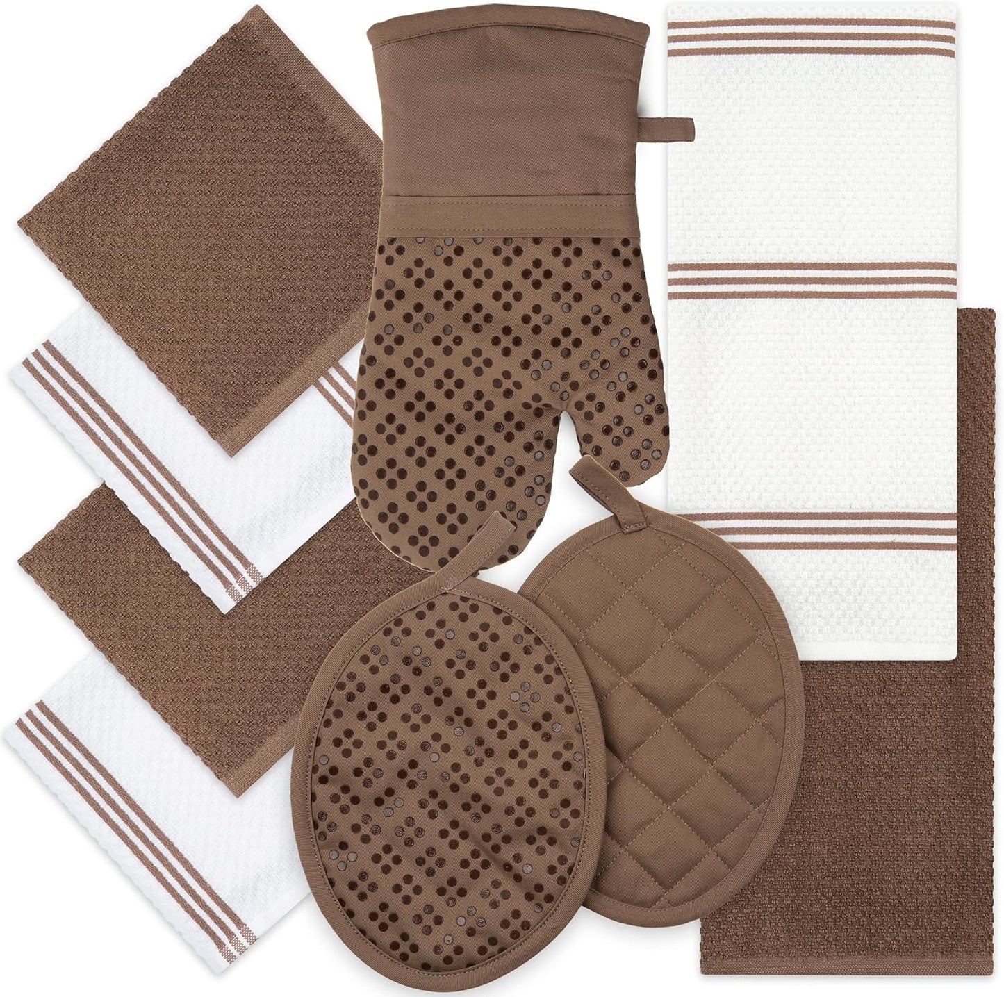 Sticky Toffee 9-Piece Kitchen Set – Brown 100% Cotton Terry Dish Towels, Dishcloths, Oven Mitts, and Pot Holders with Non-Slip Silicone Grip, Oeko-Tex Cotton
