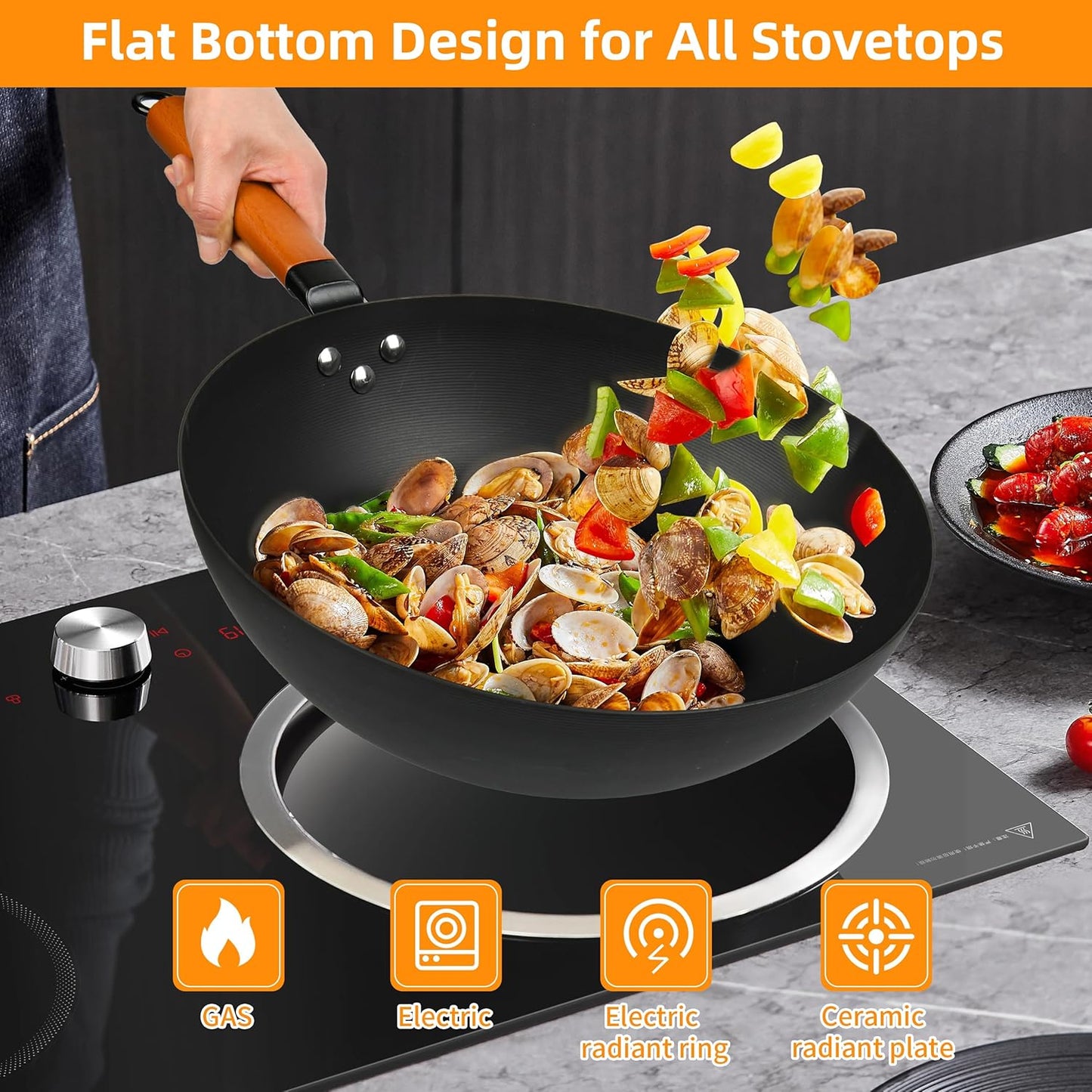 12.5-Inch Carbon Steel Wok with Lid – Pre-Seasoned Flat Bottom Stir-Fry Pan, Nonstick Wok for Induction, Gas, Electric & All Stovetops – Chinese Wok with Glass Lid