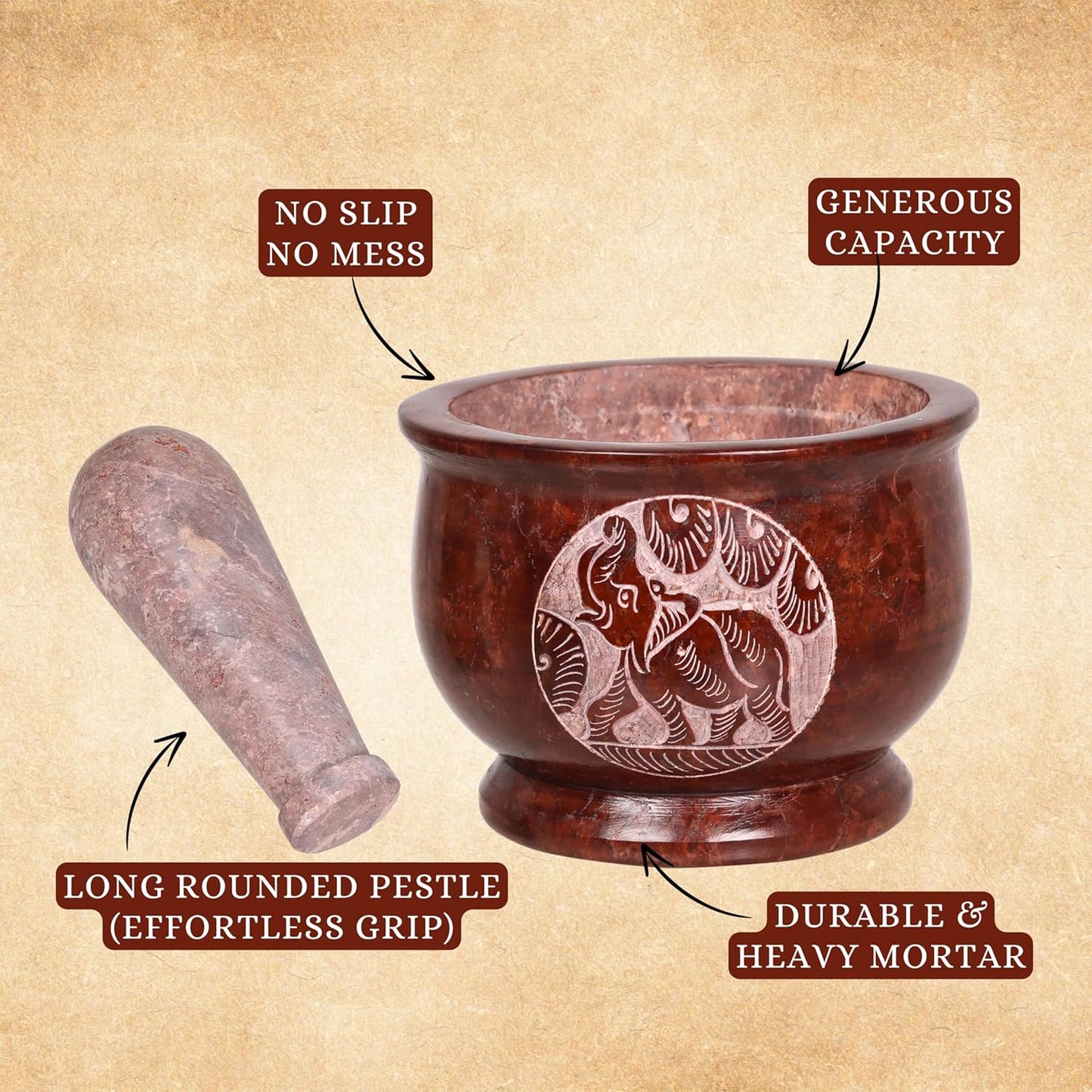 Mortar and Pestle, Made of Heavy Duty Polished Hard Stone, Natural Stone Grinder for Spices, Pastes, Herbs, Seasoning etc. (Brown Elephant)