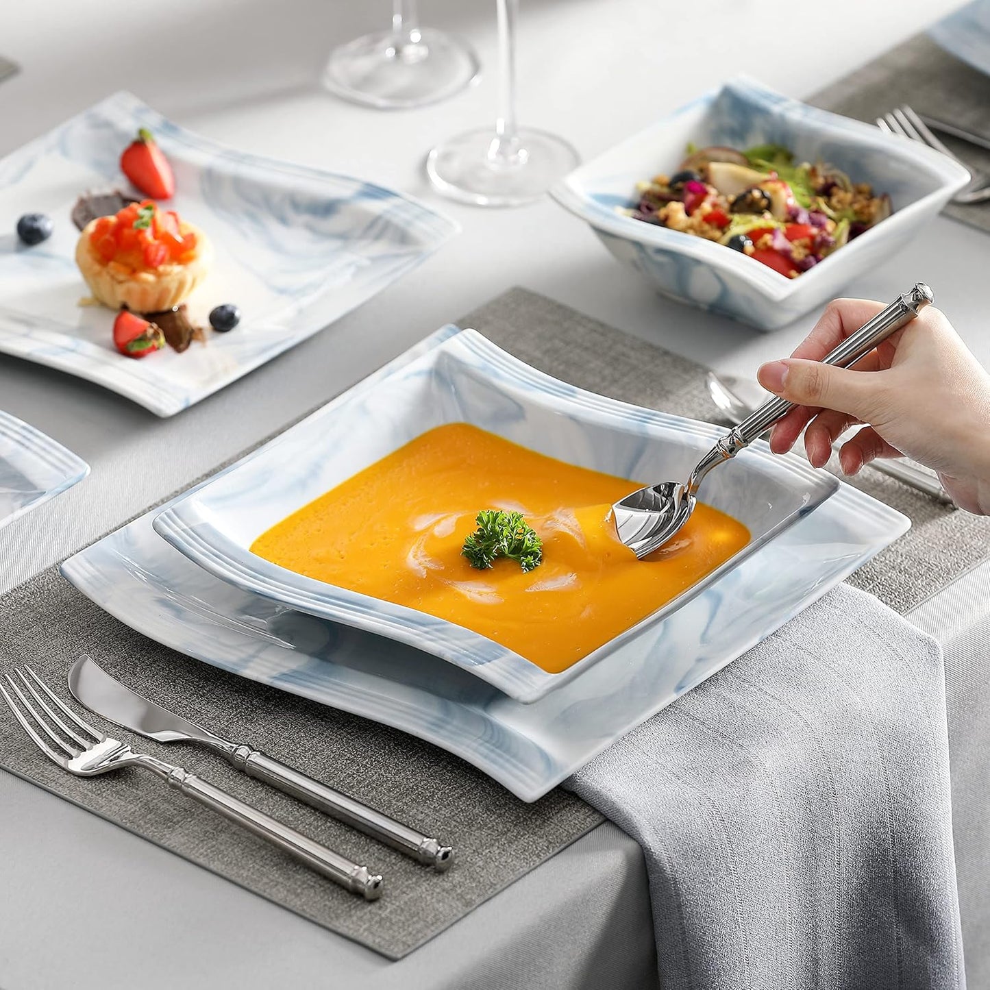 MALACASA Plates and Bowls Sets, 26 Piece Blue Dinnerware Sets for 6, Porcelain Dinner Set with Set, Dishes, Cereal Serving Platters, Kitchen Plate Bowl Series FLORA, 26 Piece(Service for 6)