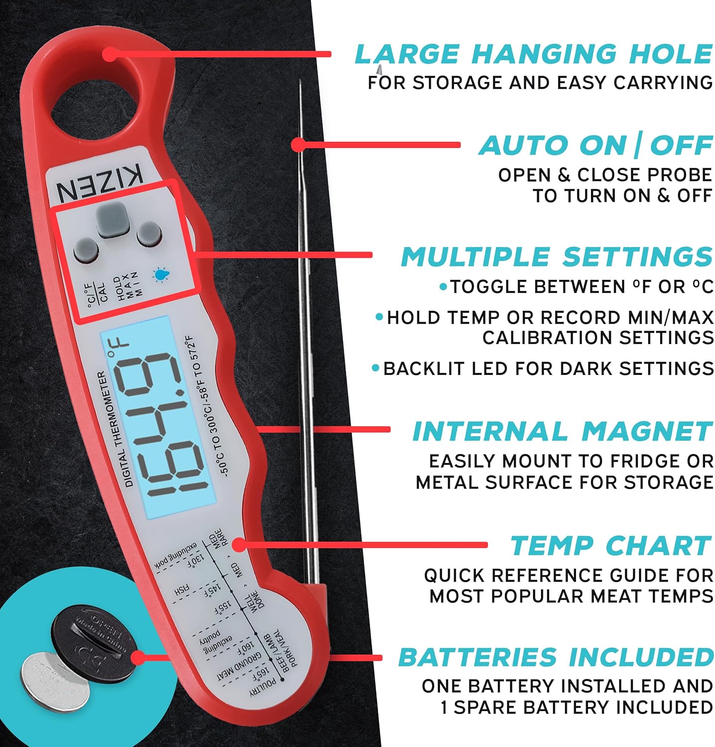 KIZEN Instant Read Meat Thermometer Digital - Food Thermometer for Cooking, Grill, Oven, BBQ - Probe Thermometer for Kitchen
