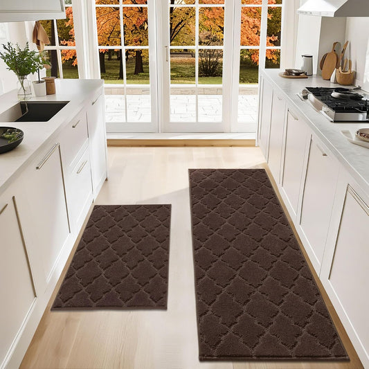 COSY HOMEER Soft Kitchen Rugs [2 PCS] for in Front of Sink Super Absorbent Kitchen Floor Mats and Mats 24x35 Inch/24X60 Non-Skid Kitchen Mat Standing Mat Washable,Polyester,Brown