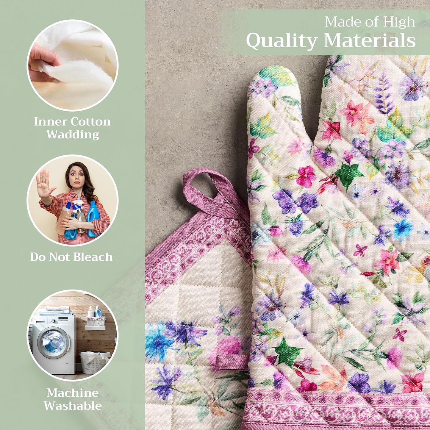 Maison d' Hermine 100% Cotton Oven Mitt & Pot Holder Set (7.5"x13" & 8"x8") Heat Resistant BBQ Cooking Gloves with Loop, Baking, Grilling, Kitchen, Handling Hot Pans Spring/Summer (Chardon)