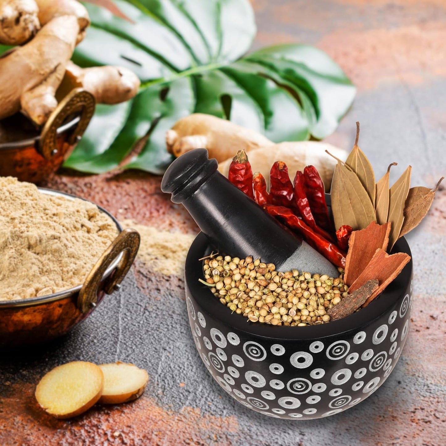 Mortar and Pestle, Made of Heavy Duty Polished Hard Stone, Natural Stone Grinder for Spices, Pastes, Herbs, Seasoning etc. (Dots)