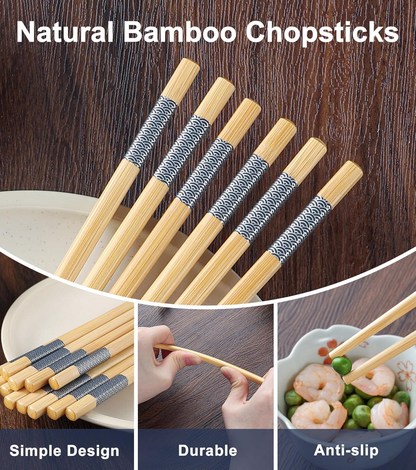 10Pairs Bamboo Chopsticks Reusable | Dishwasher Safe | Non slip | Chinese -（9.45in）
