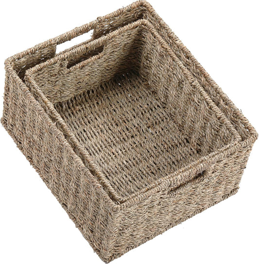 HOONEX Large Wicker Baskets for Storage, Seagrass Baskets with Dual Handles, Woven Set of 2, Natural