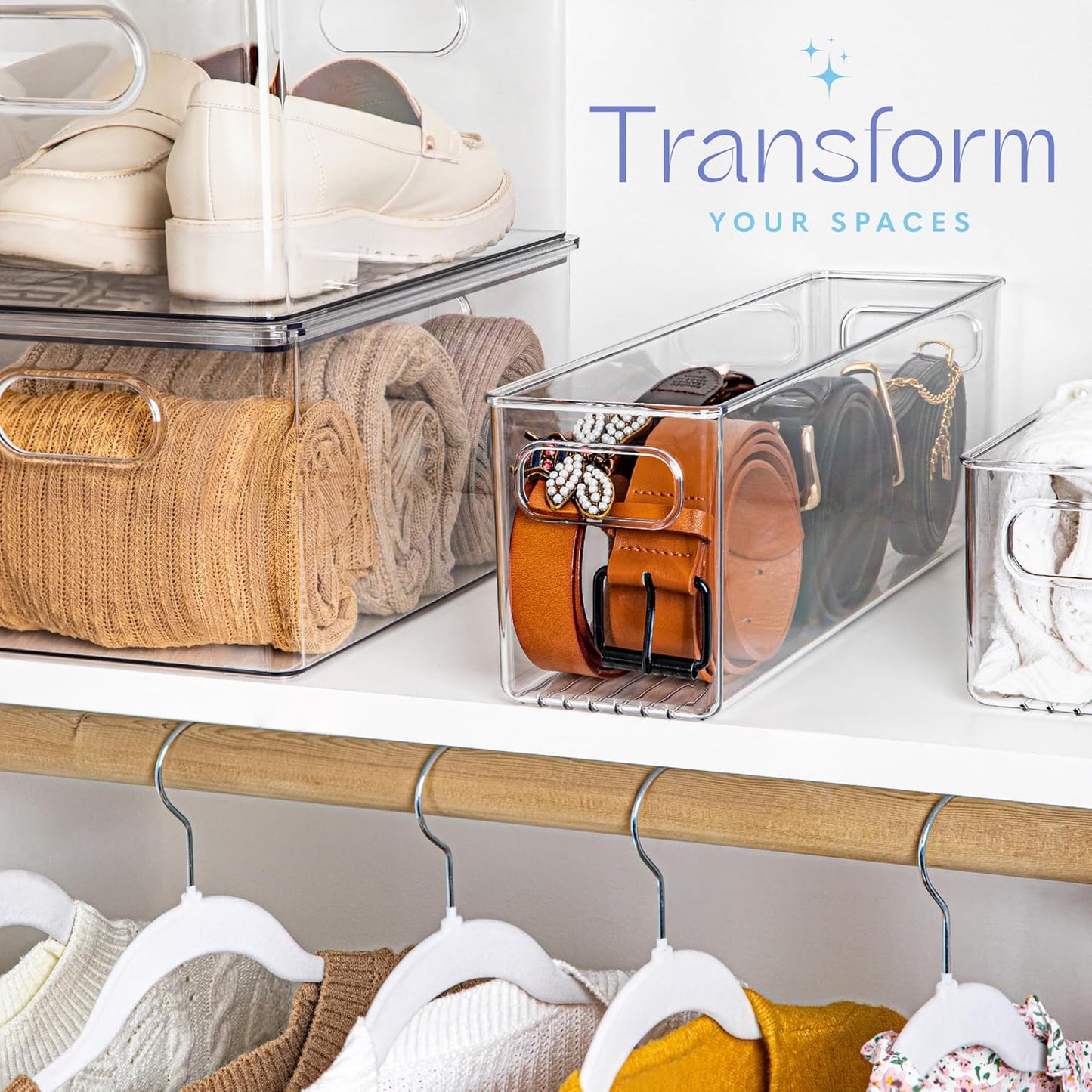 Plastic Food Storage 6 Pack Clear Container Bin with Handles for Organizing Kitchen, Pantry, Fridge, Freezer, Pantry,Bathroom. 16"x4"x5"