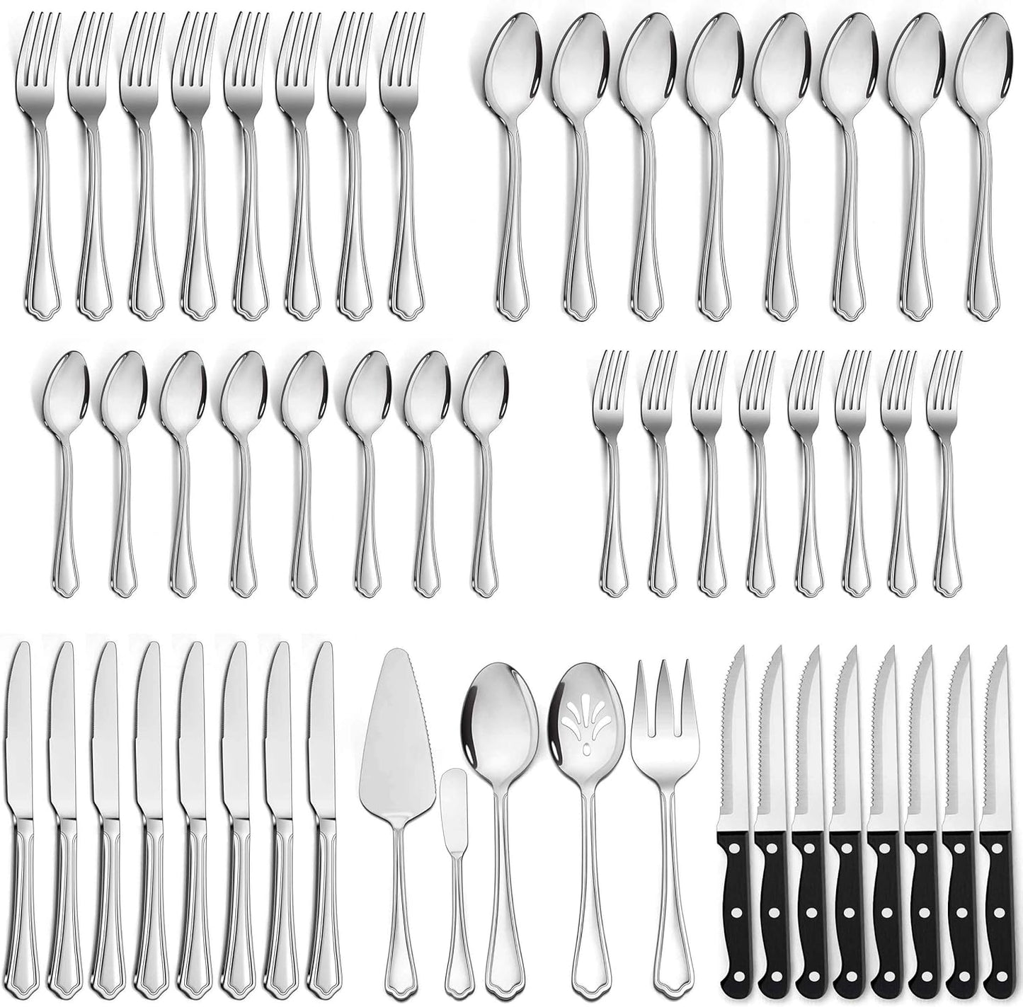 LIANYU 77-Piece Silverware Flatware Set for 12, Plus Steak Knives and Serving Utensils, Stainless Steel Flatware Cutlery Set, Eating Utensils Tableware with Scalloped Edge, Dishwasher Safe