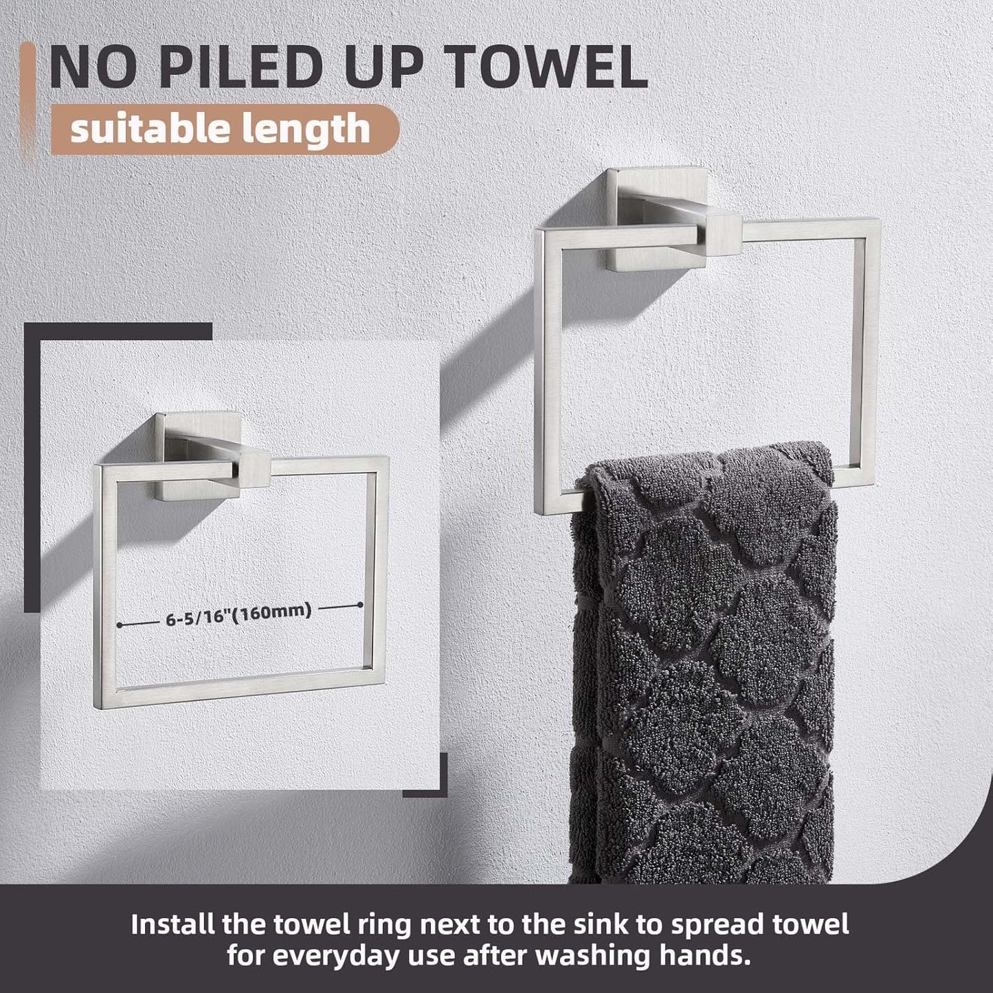 Hand Towel Ring Swivel Brushed Nickel, Angle Simple SUS 304 Stainless Steel Square Towel Holder for Bathroom Wall, 7.09 Inches