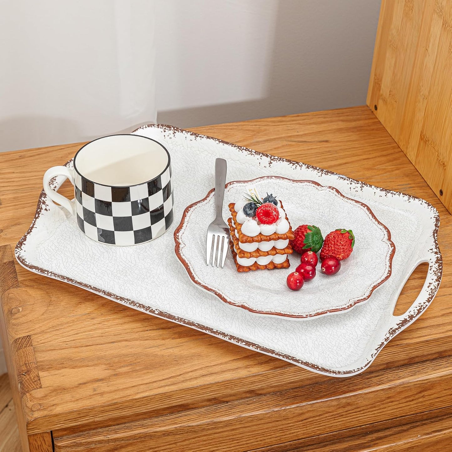 LEHAHA Vintage White Large Serving Tray with Handles, 17.25x12 inch, Set of 2 Melamine Platters for Serving Food, Turkey, Cookie, Rectangular Trays for Eating, Crackled Finish with Rustic Raised Rim.