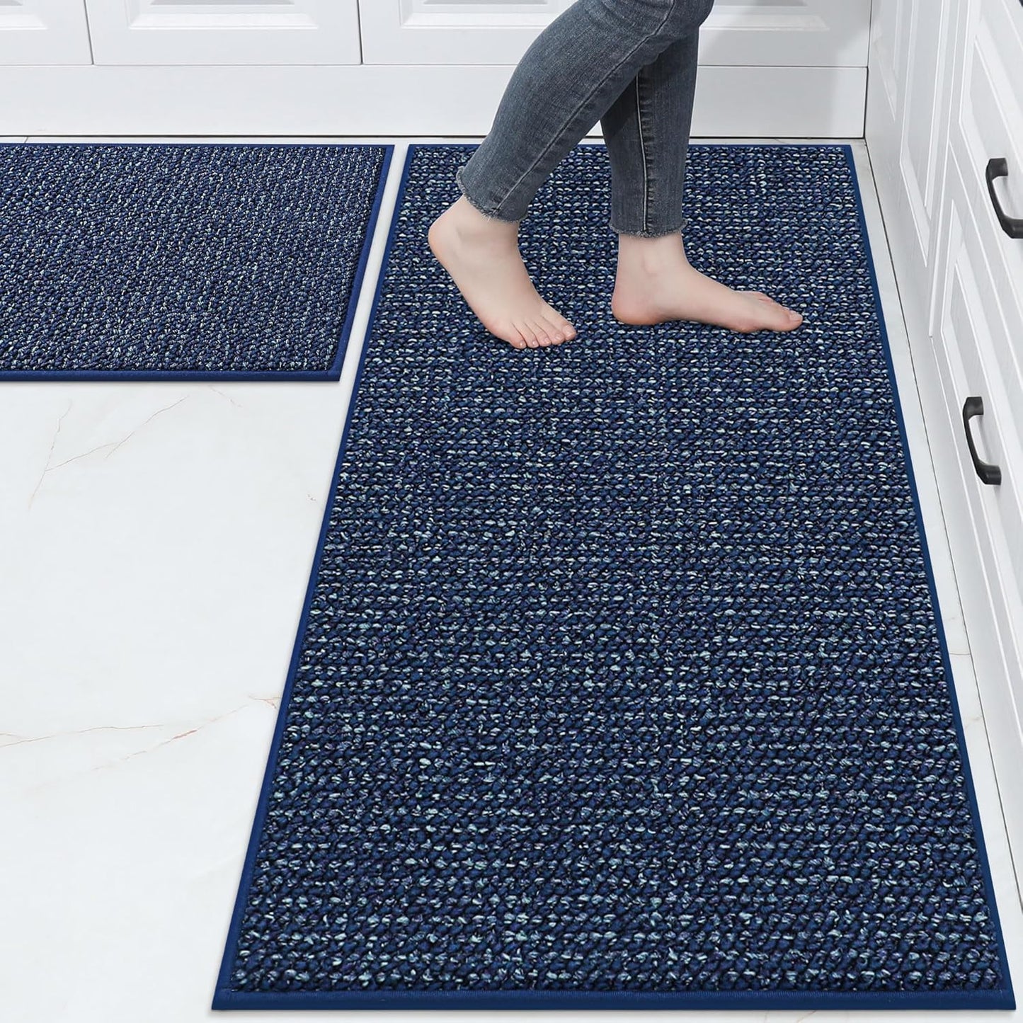 BEQHAUSE Kitchen Rugs and Mats 2PCS, Non-Slip Kitchen Mats for Floor, Absorbent and Stain Resistant Kitchen Runner, Machine Washable Rugs for Kitchen, Laundry & Sink, 24"x36"+24"x60", Blue