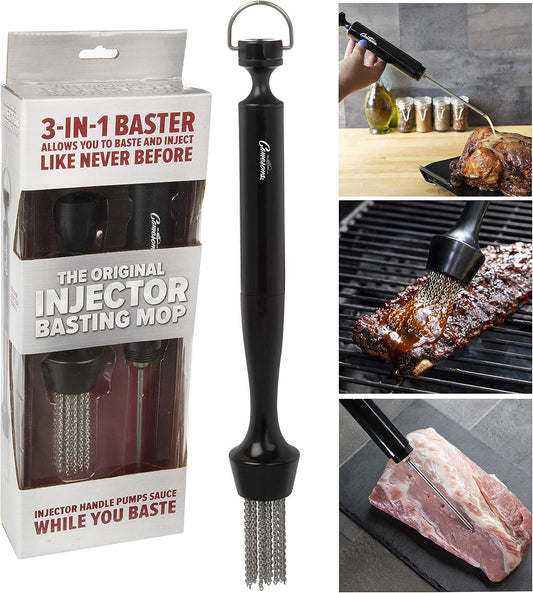 Camerons 3-in-1 Barbecue Injector Basting Mop - Baster Set Includes BBQ Chain Basting Brush & Meat Syringe to Baste, Marinate & Inject Food w Flavor - Indoor Outdoor Use - Grilling Cookout Essential