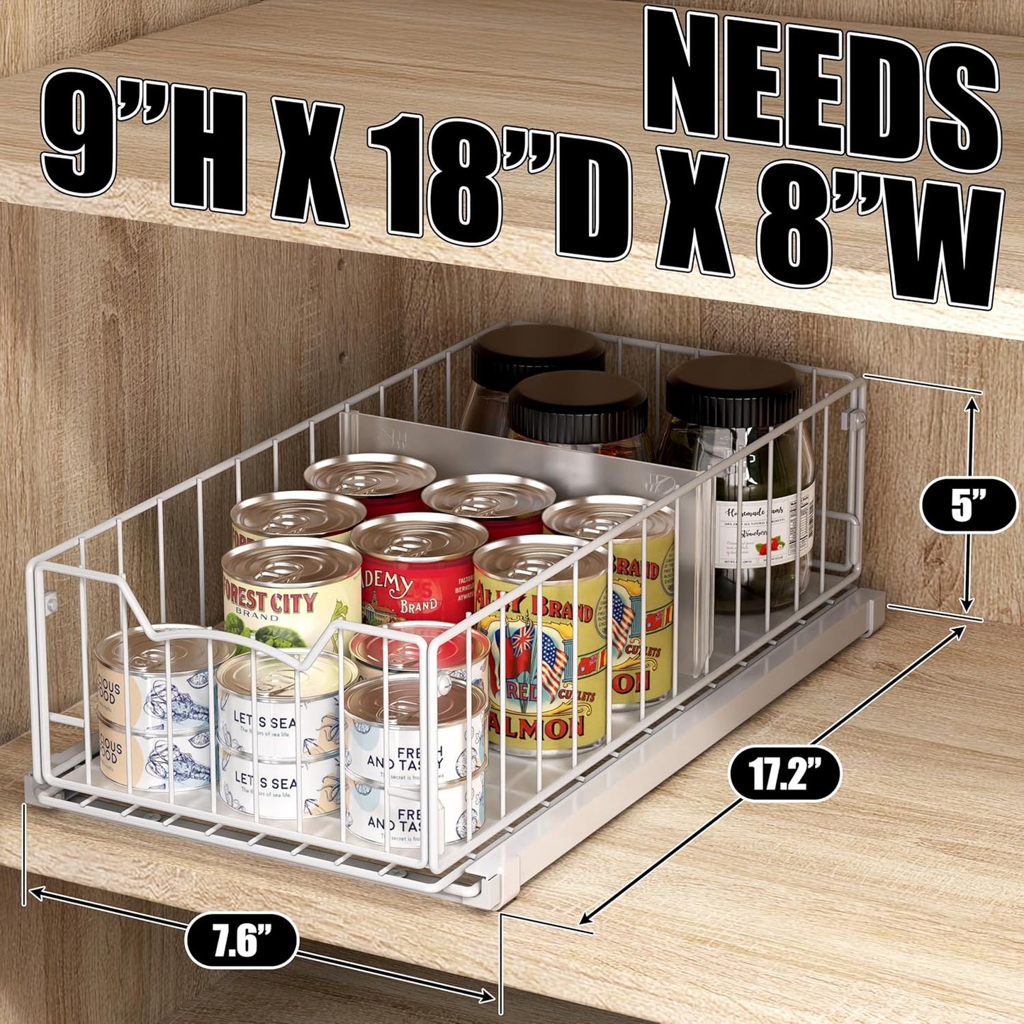 Simple Houseware Pull-Out Cabinet Sliding Basket Organizer, 17.2" D x 9.7" W x 5" H – White, Ideal for Kitchen and Bathroom Cabinet Storage, Under Sink or Pantry Organization