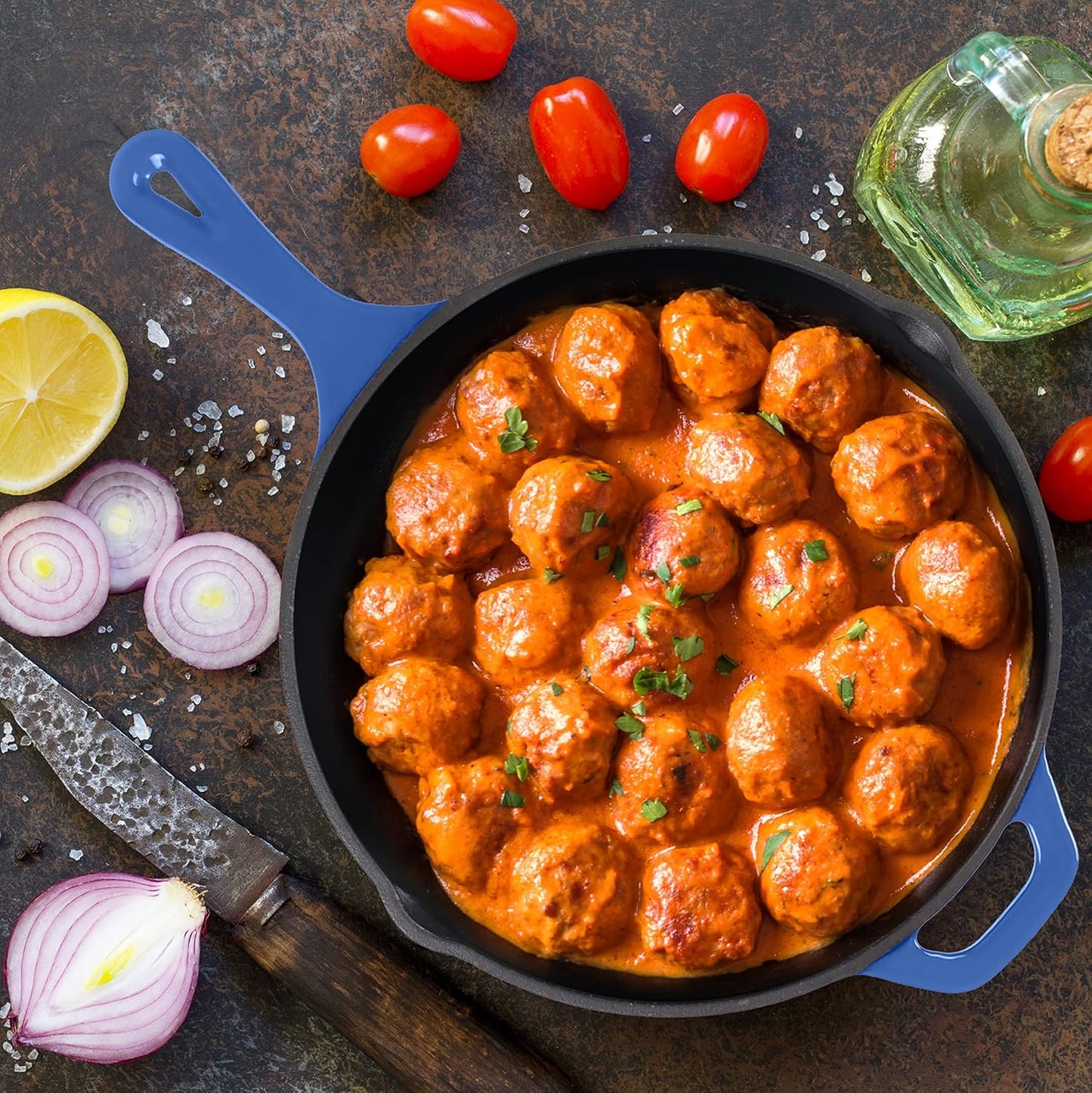 Utopia Kitchen Saute Frying Pan 12 Inch, Cast Iron Chefs Pan, Pre Seasoned Cast iron Skillet With Lid, Safe Grill Cookware for Indoor & Outdoor Use, Blue