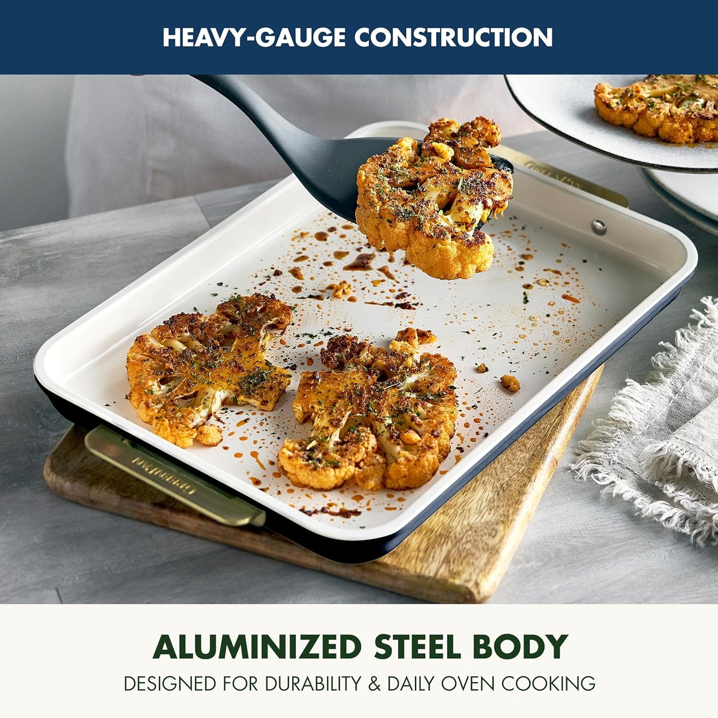 GreenPan Bakeware 13" x 9" Quarter Sheet Pan, Ceramic Nonstick Baking Pan, PFAS & BPA Free, Gold Handles, Durable Steel, Versatile & Space Saving Ovenware, Freezer to Oven Dish, Oxford Blue