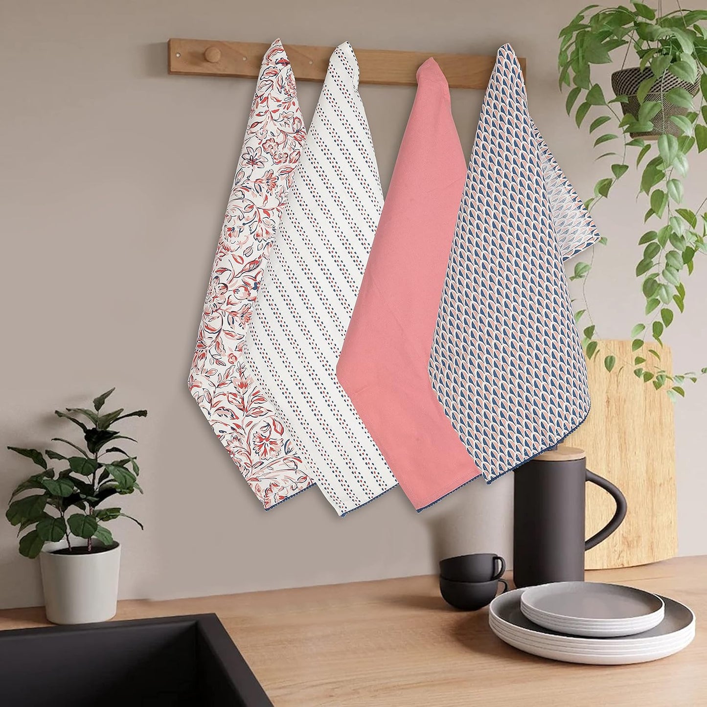 Printed Kitchen Dish Bar and Tea Towels Cotton, 18x28 inch with Trims, Cotton Dish Towel Sets (White & Peach, Set of 4)