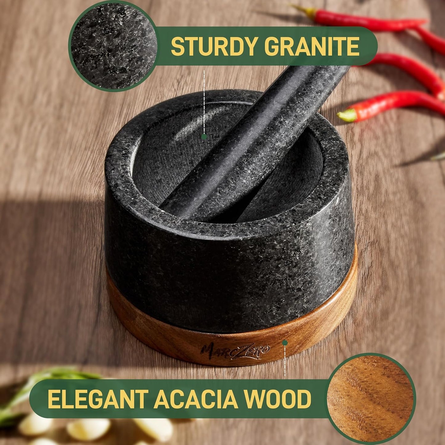 MarcZero 6inch Large Mortar and Pestle Set with Anti-Scratch Wooden Base,Heavy Duty Mortar and Pestle Made of Natural Granite(Black)