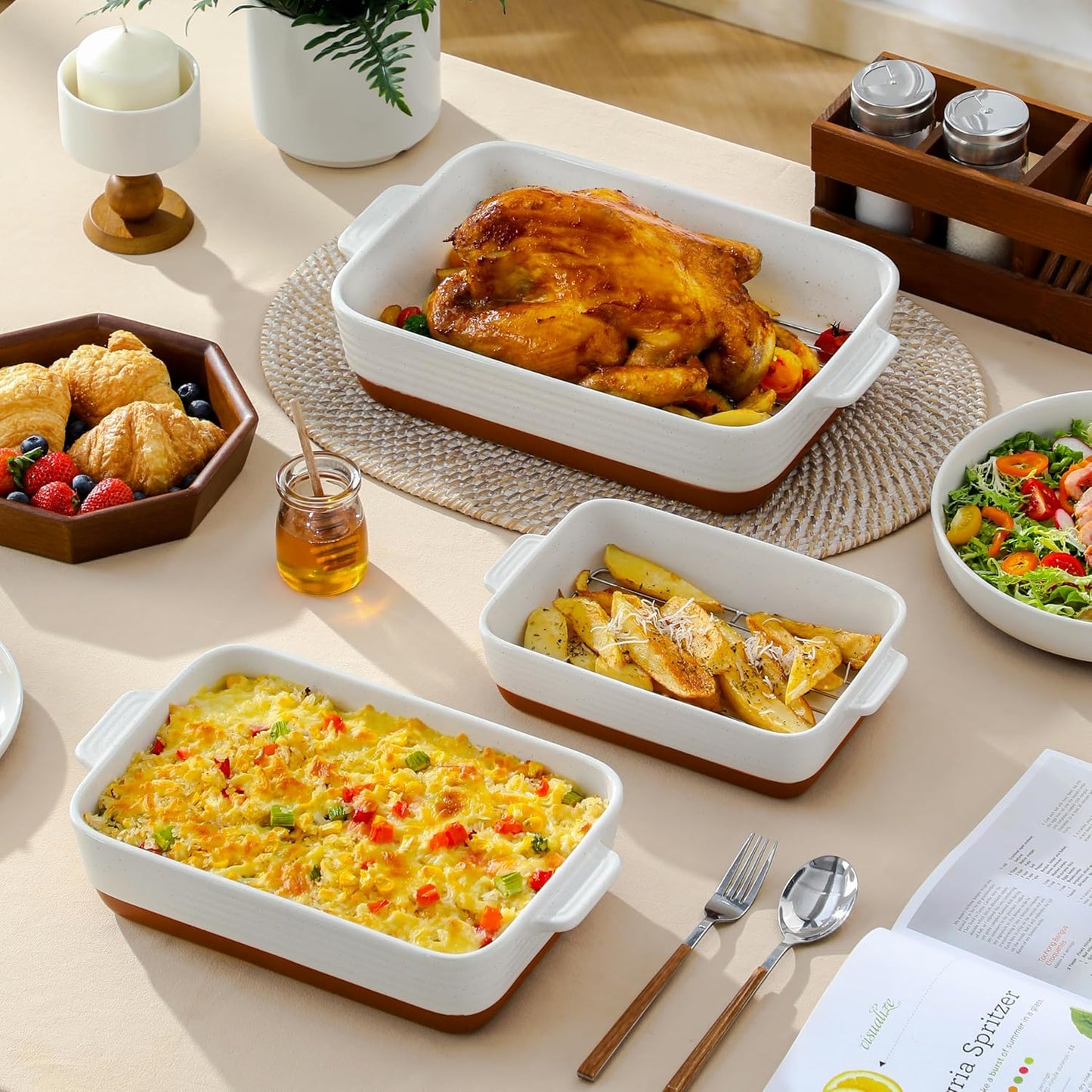 MALACASA Casserole Dishes for Oven with Roasting Racks, Ceramic Baking Dishes Set of 3, Baking Pan Casserole Dish Set, Rectangular Lasagna Pan Deep with Handles for Baking, Khaki White (14.5''/13''/10.5''), Series TARA