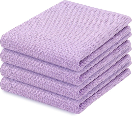 PurpleEssences Waffle Weave Kitchen Towel, 100% Cotton - 15 x 25 Inches, with Hanging Loop Ultra Soft Absorbent Quick Drying Dish Cloth, Tea and Hand Towels, 4 Pack - Spring Summer - Lavender