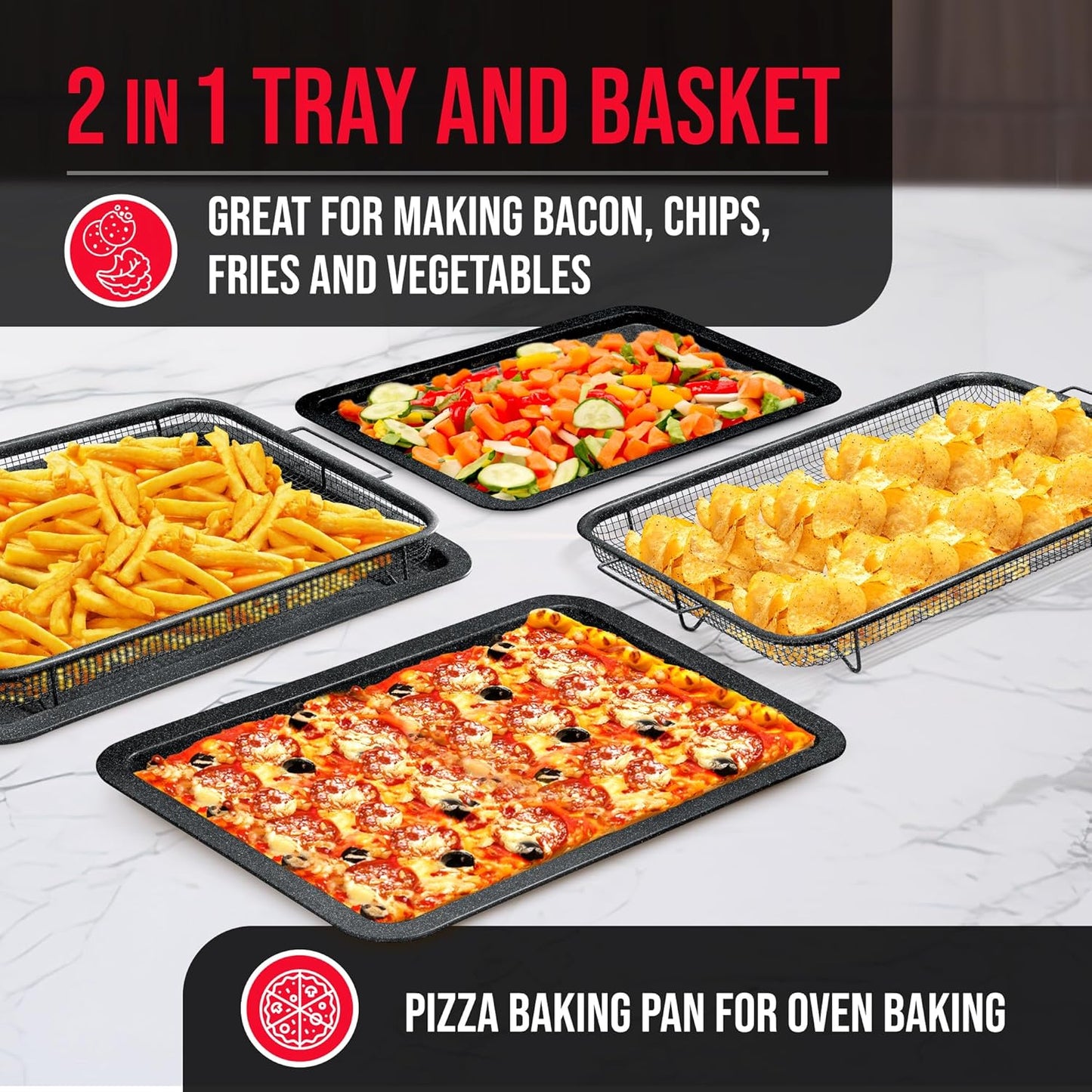 Bakken Swiss Crisper Tray - 2-Piece Set – Gray Marble, Non-Stick Basket Design for Healthier Cooking in Regular Ovens - Achieve Perfectly Crispy Chips, Bacon and More