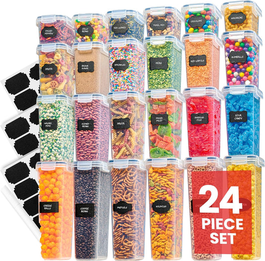 Airtight Food Storage Containers Set - Air Tight Pantry Storage Containers with Lids - Pasta Flour Sugar Cereal Containers - Storage Containers for Food - Kitchen Storage Container (Clear-24 Pack)