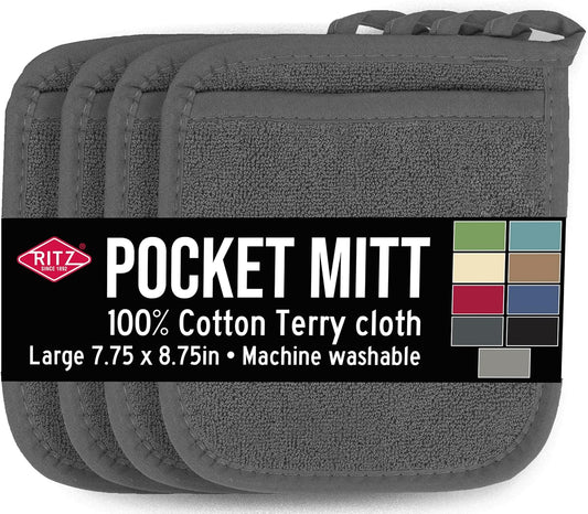 RITZ Terry Pocket Mitt & Hot Pad: Unparalleled Heat Resistant, Durable 100% Cotton – Ergonomically Designed for Optimal Grip – Easy-Care Machine Washable – 4-Pack, Graphite