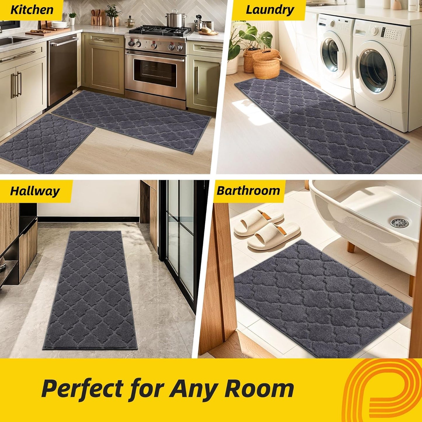 JSEI Kitchen Rugs, Non-Slip Kitchen Mats for Floor, Soft Washable Absorbent Kitchen Mats 2 Pieces, Kitchen Carpet Runner with TPR Backing, Polyester, 24”x36”+24”x60”, Dark Grey