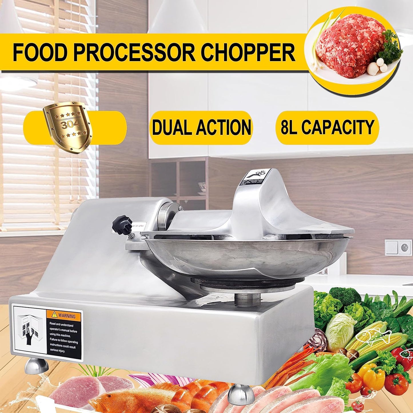 TECHTONGDA 110V Commercial Food Processor, 8L Electric Food Chopper Vegetable Cutter, Meat Grinder, Meat Bowl Cutter Chopper Machine for Vegetables, Grain, Nuts, Ginger, Garlic