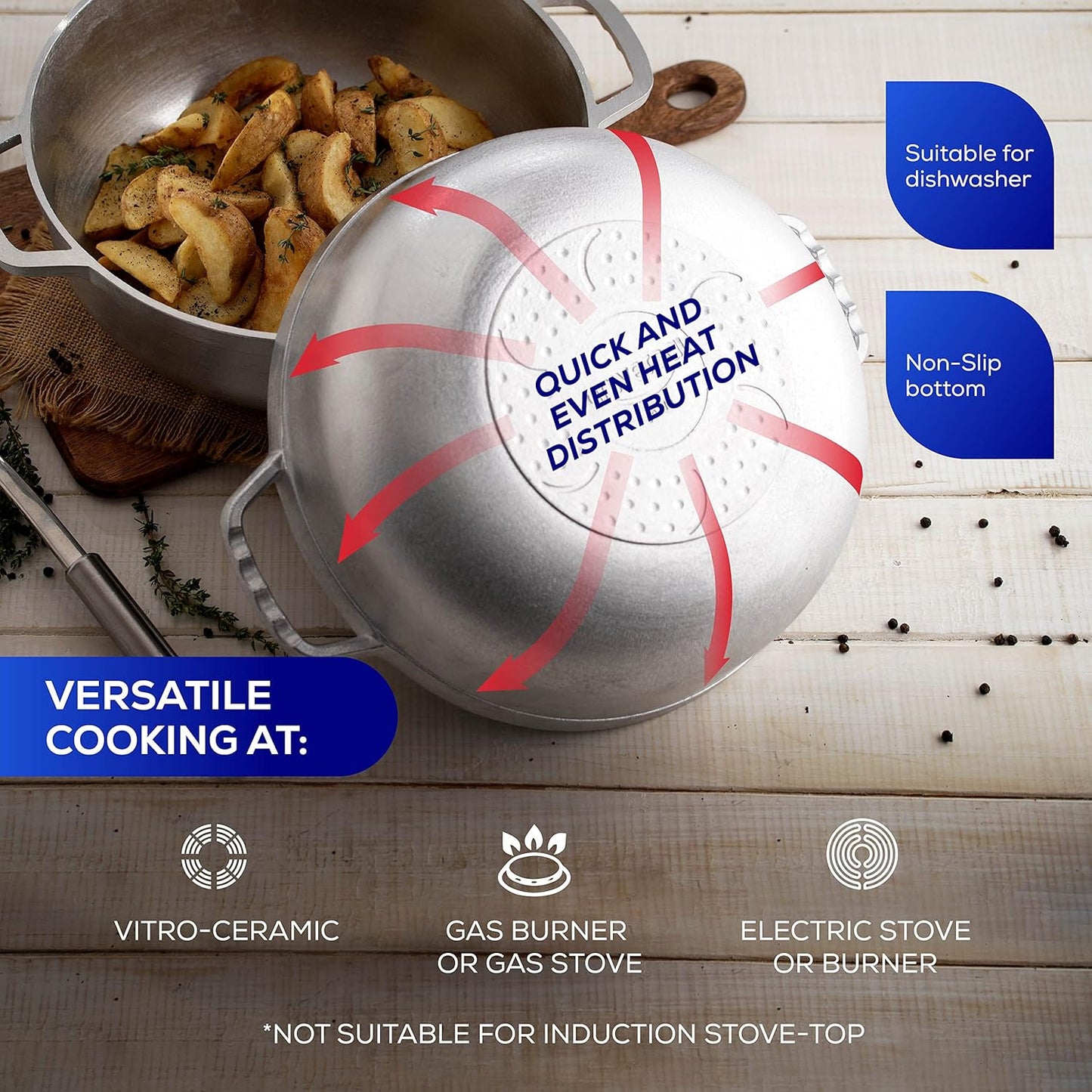 Universal (Professional Large) Caldero 47 Cups - 17 QT / 16 L, Stainless Aluminum Pot, Even Heat Distribution and Fast Cooking Dutch Oven Pot, Ergonomic Handles, Ideal for Rice, and French Fries