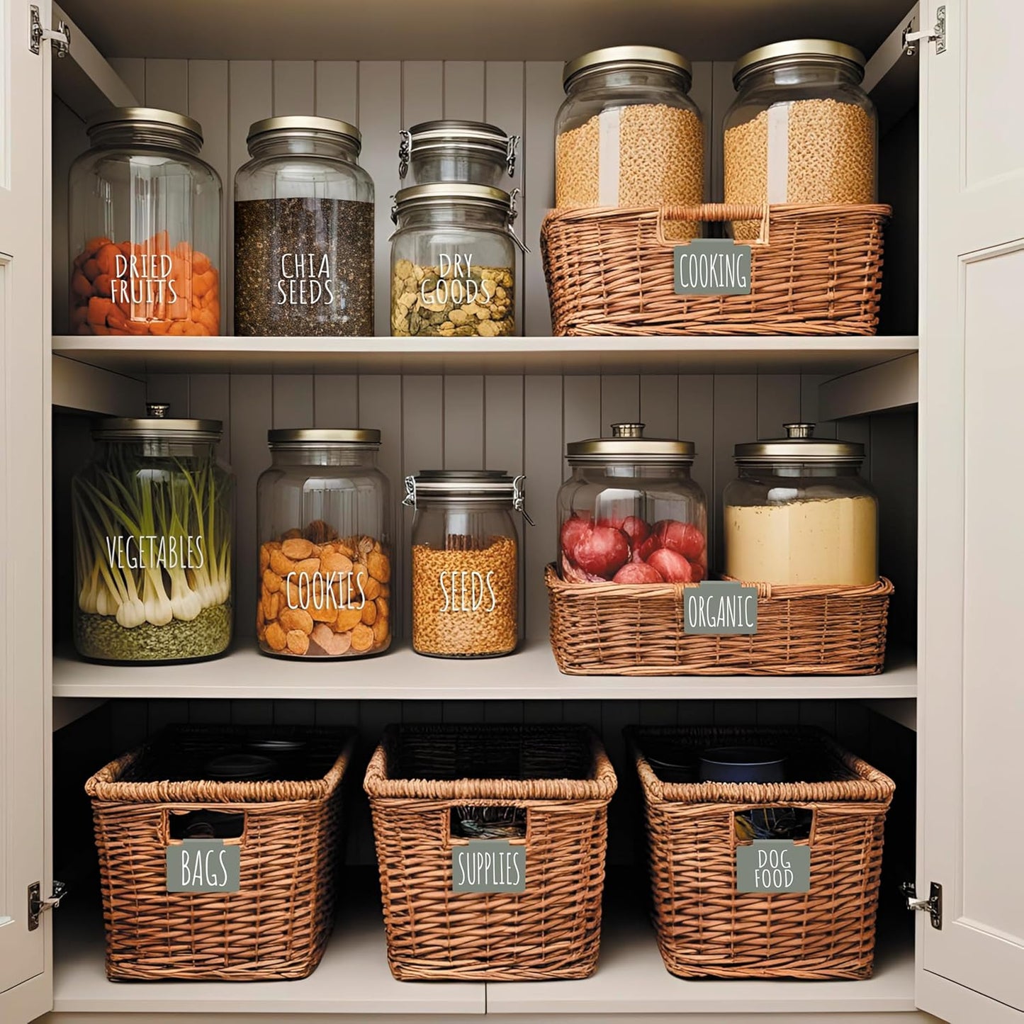 Hygge & Sage Pantry Labels for Containers Preprinted - 180 Waterproof Labels, Durable, Removable Kitchen Stickers, Clear with White Print. Perfect for use on Basket Labels, Pantry, and Refrigerator.