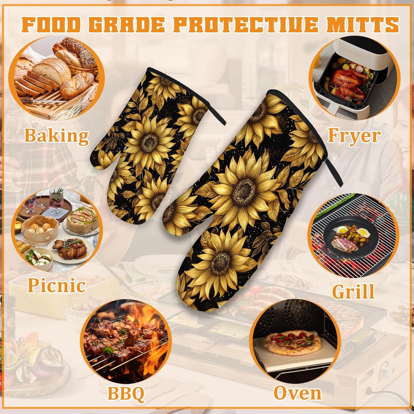 Vintage Sunflower Oven Mitts and Pot Holders,Sparkling Heat Resistant Oven Mitts Gloves and Pot Holder for Home Kitchen Decorations Cooking Baking BBQ Gifts,Set of 4