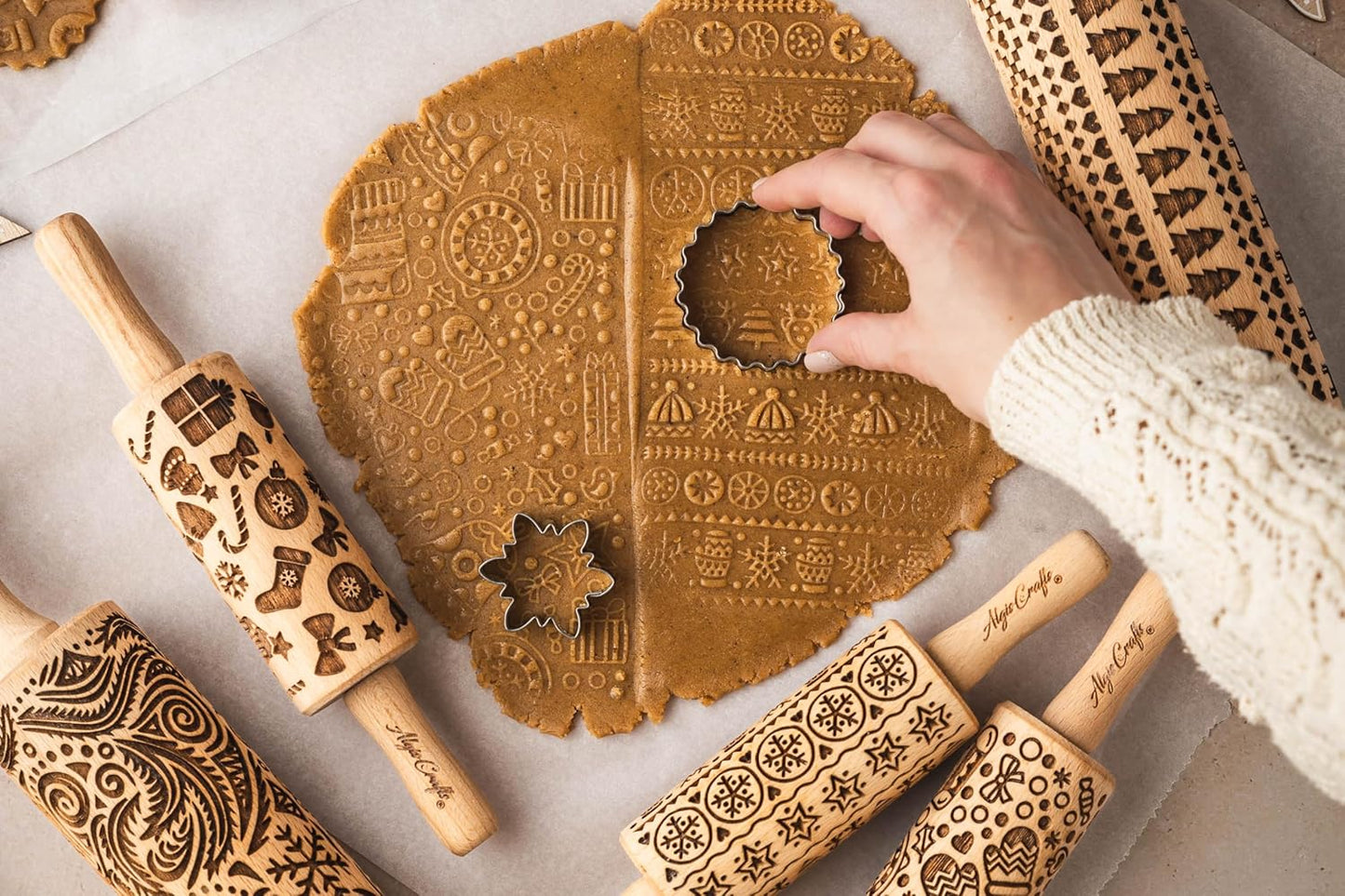 ECHO Embossing Rolling Pin with Ornamental Bloom Pattern – Dough and Clay Roller for Embossed Cookies and Pottery - Cookie and Ceramic Stamp - Baking Gifts for Women by Algis Crafts