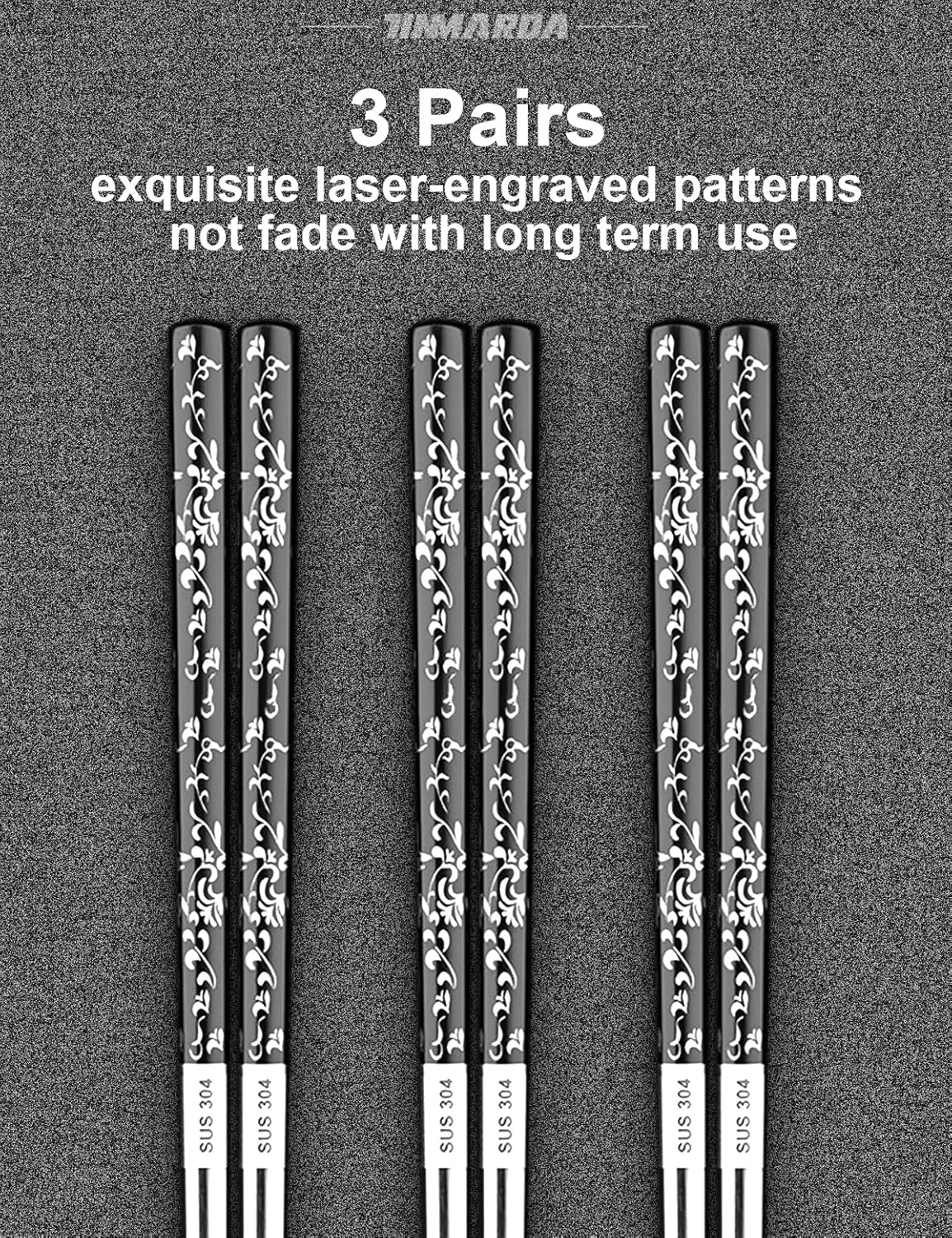 Metal Chopsticks Reusable, 3 Pairs Chop Sticks Reusable Dishwasher Safe, Titanium Plated Non-Slip Stainless Steel Chopsticks Present Set (Black Silver)