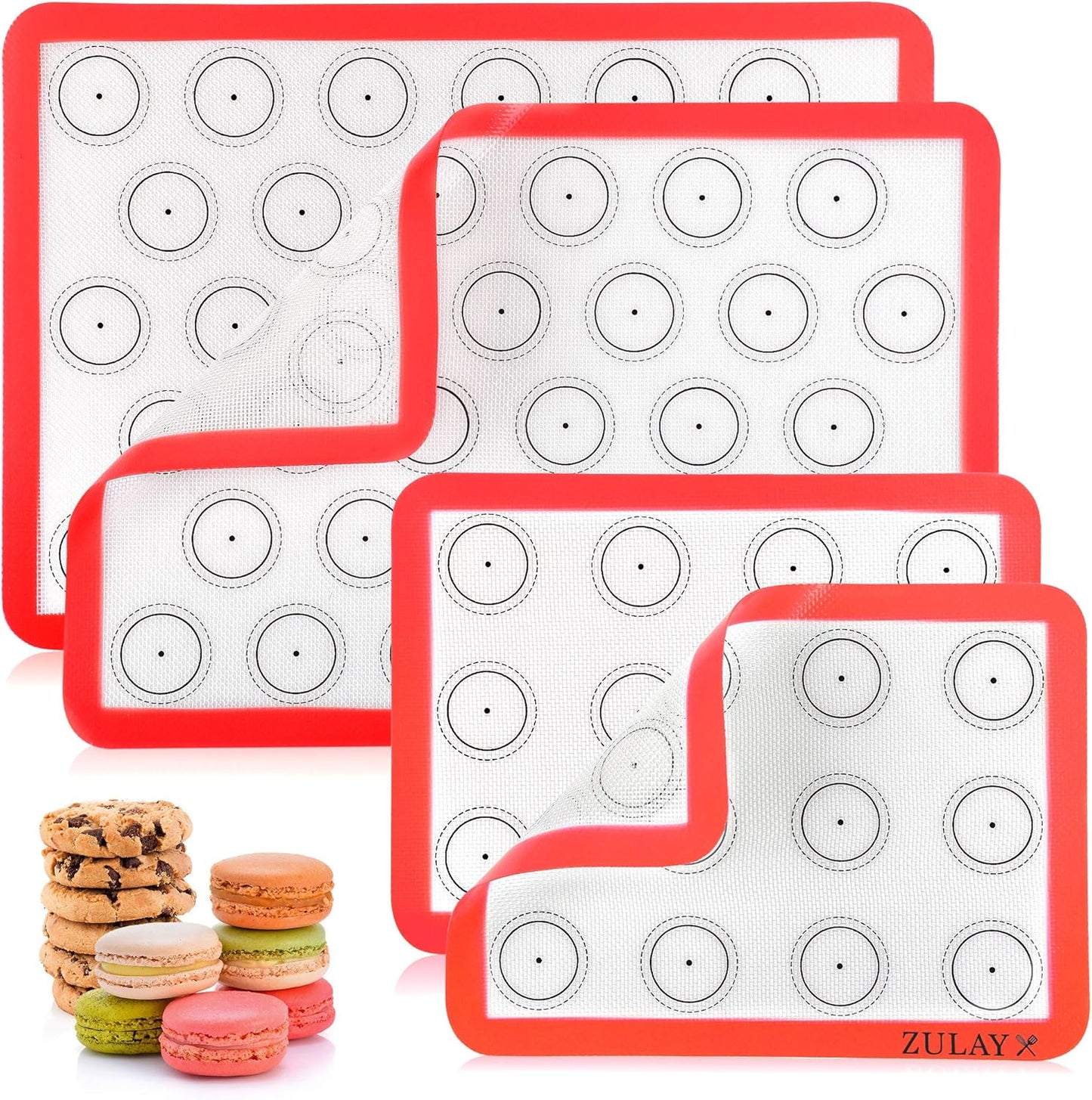 Zulay (Set of 4) Silicone Baking Mat - Macaron Silicone Baking Mats With Pre-printed Template Design - Non Stick & Reusable Silicone Baking Sheet - 2 Half Size + 2 Quarter Size (Red)