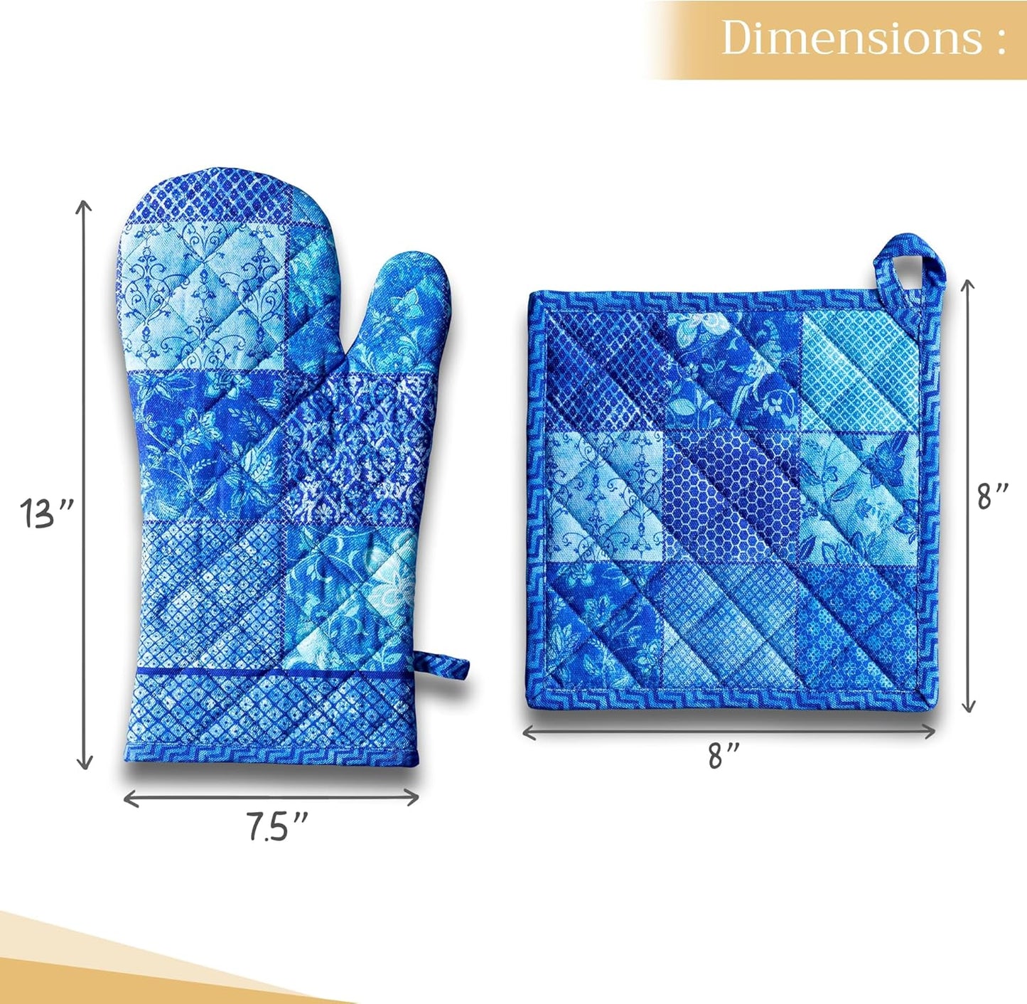 Maison d' Hermine 100% Cotton Oven Mitt & Pot Holder Set (7.5"x13" & 8"x8") Heat Resistant BBQ Cooking Gloves with Loop, Baking, Grilling, Kitchen, Handling Hot Pans Spring/Summer (Indigo Love)