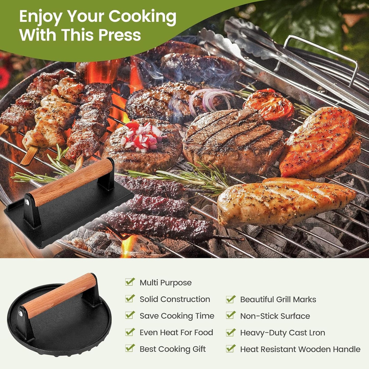 Blackstone Burger Press Set - 7" Round smash burger press & 8.3"x4.3" Rectangle Cast Iron Grill Press with Wooden Handle - Smasher is perfect for Blackstone Griddle, Pitboss Weber Griddle Grills