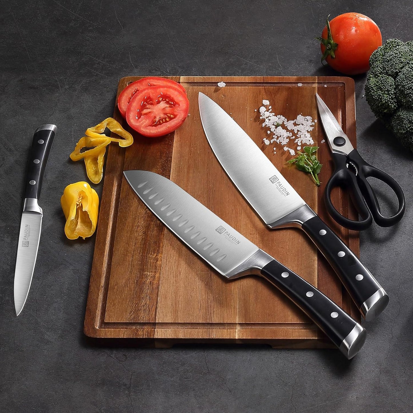 PAUDIN Knife Block Set, 15 Pieces Knife Set with Block, High Carbon Stainless Steel Kitchen Knife Set with Sharpener, Knives Set for Kitchen with Full Tang Triple Rivet Handle