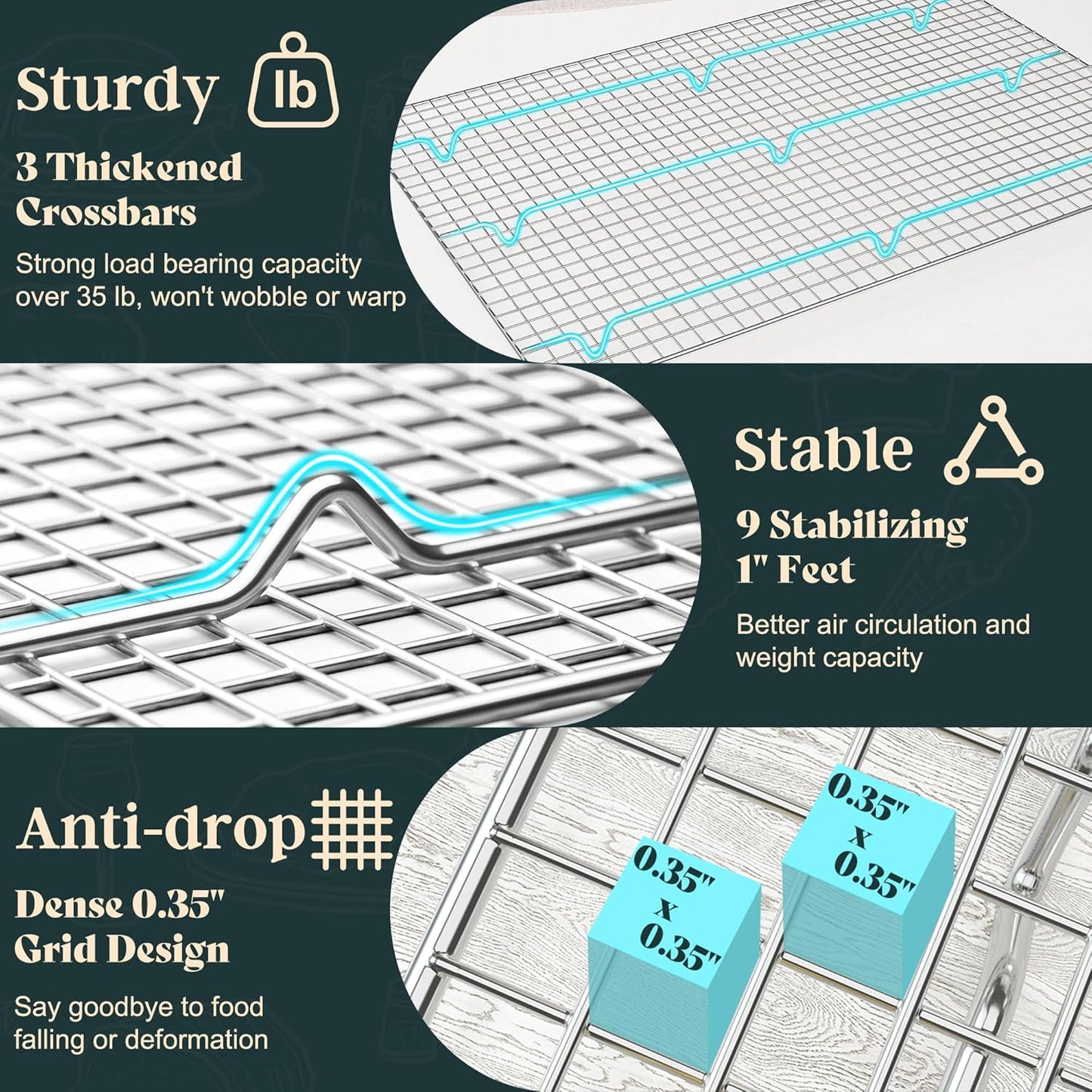 Cooling Racks for Cooking and Baking-11.5"x16.5" Oven Safe Premium Stainless Steel Heavy Duty Baking Rack Tight-Wire, Fits Half Sheet Pan for Roasting & Grilling & Cooking-Set of 2