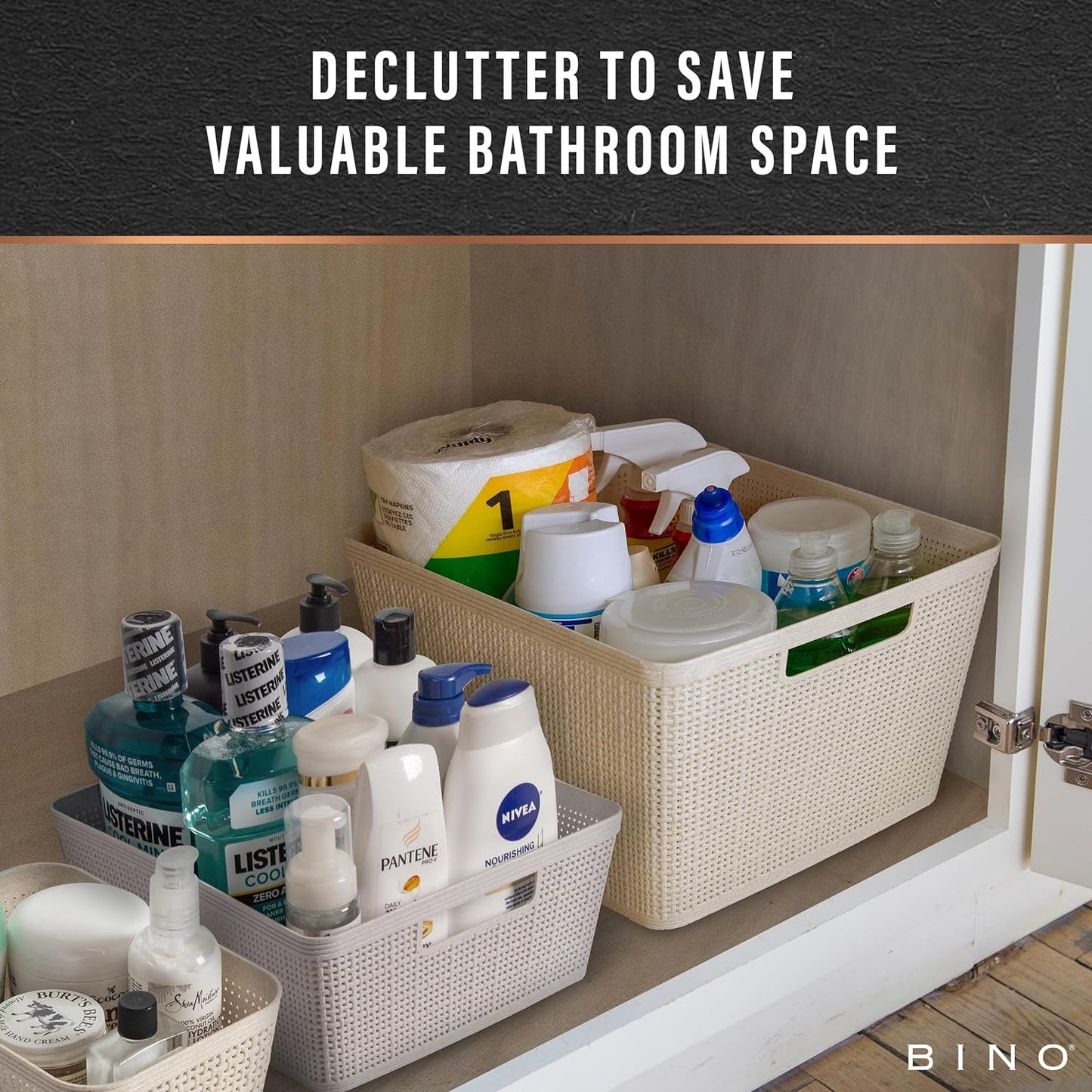 BINO | Woven Plastic Basket | Small (Natural Grey), 5-Pack | THE JUTE COLLECTION | Home Organization, Space - Saving Storage, Stylish Design | Jute Basket | Plastic Storage Basket