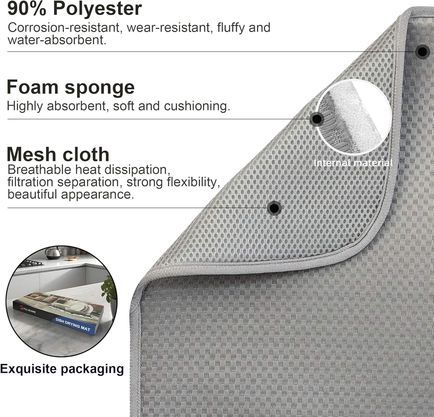 Light Gray Dish Drying Mats 17” x 24” – XXL Kitchen Drying Mat for Counter, Super Absorbent Microfiber Dish Rack Mat, Foldable Drying Pad for Dishes, Pots, Pans – Dish Drainer Mat