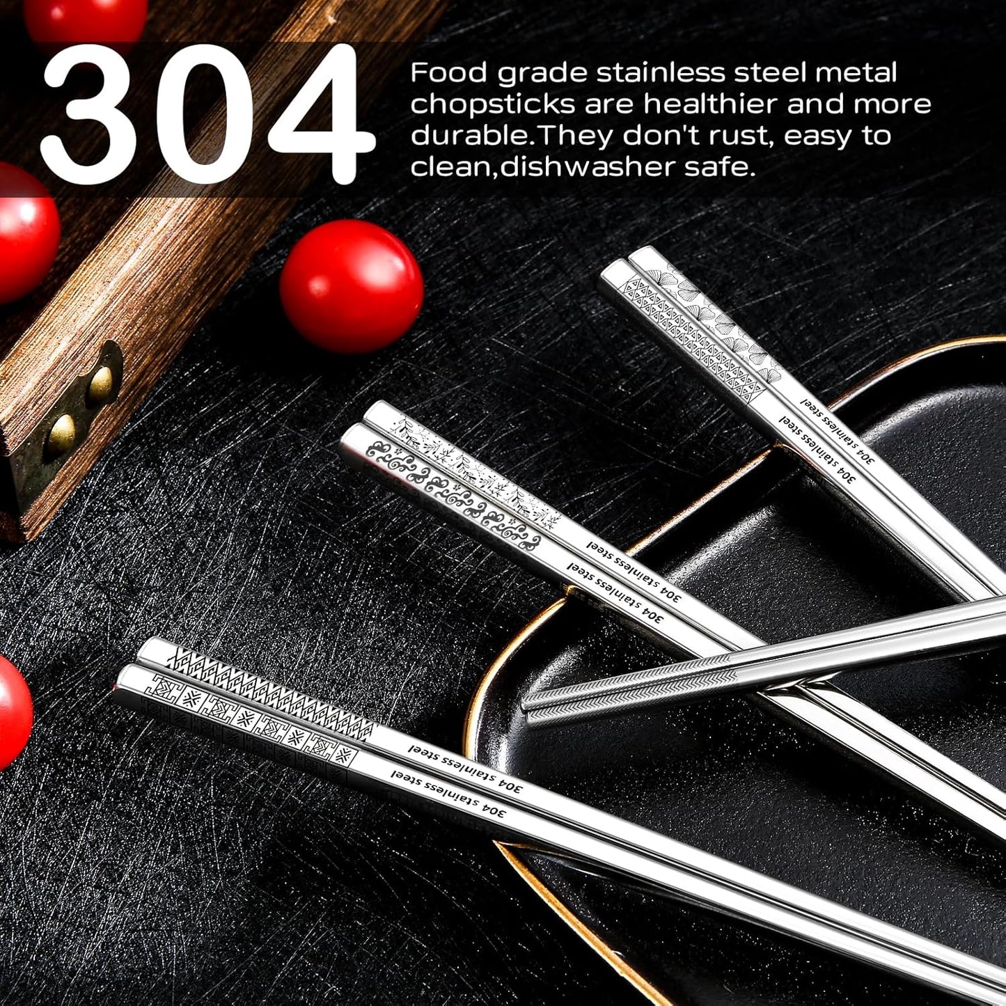 8 Pairs Metal Chopsticks Reusable 18/8 Stainless Steel Chopsticks Set Cute Laser Engraved Non-slip Japanese Korean Chinese Chopstick for Cooking Eating Dishwasher Safe 9.25" Chop Sticks Gift Set