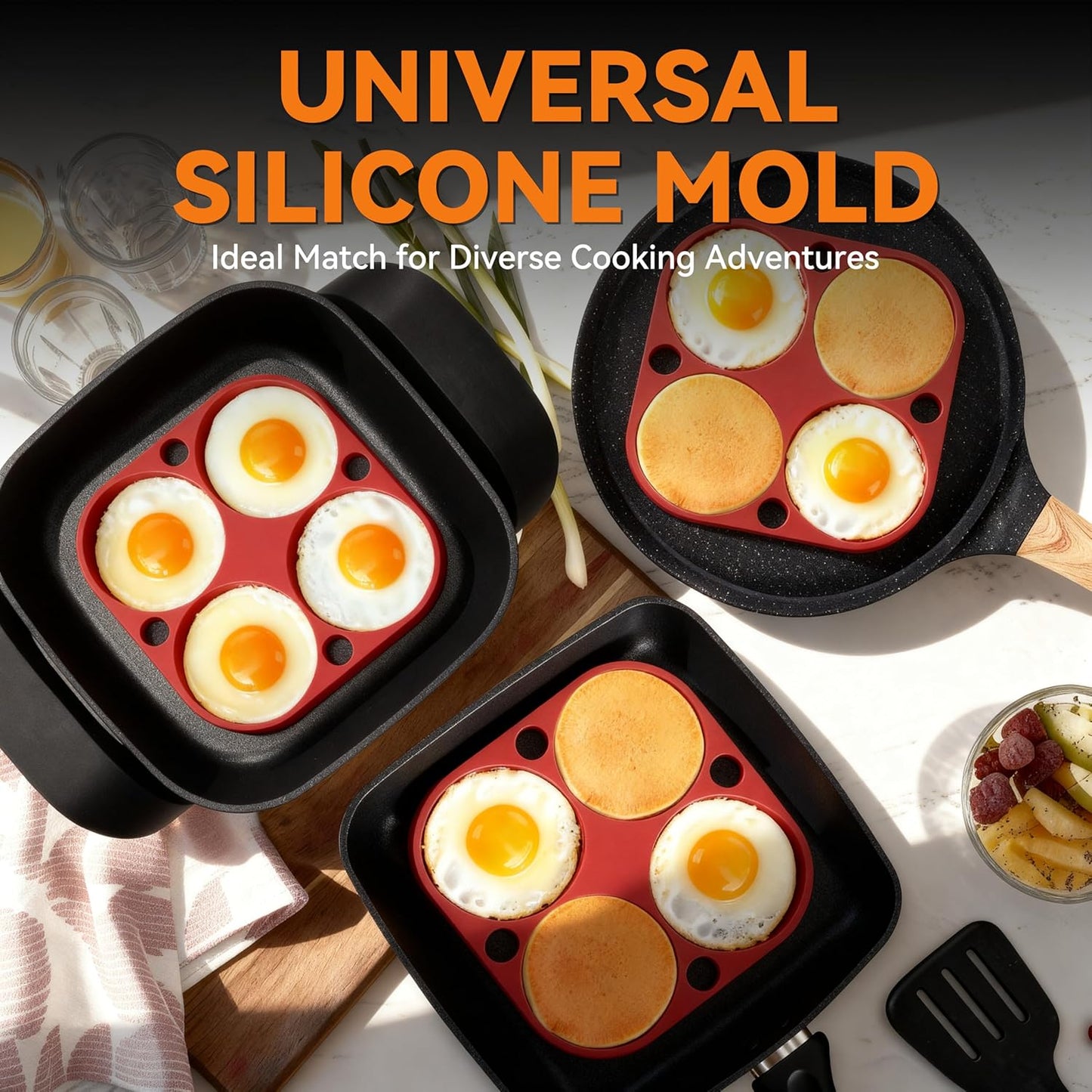 Baker's Friend 4-Round Silicone Egg Rings for Frying Eggs & Pancake, Pancake Shaper, Non-Stick & Heat-Resistant, Red