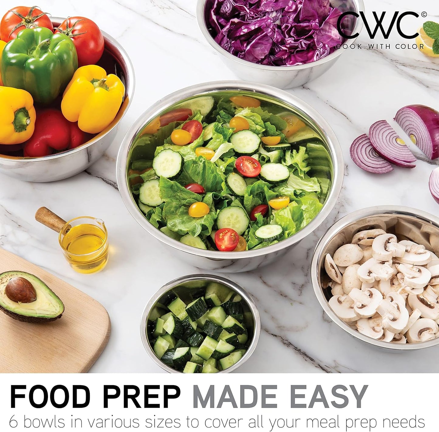 COOK WITH COLOR Stainless Steel Mixing Bowls Set - Nesting Bowls, 6 Pieces, Silver