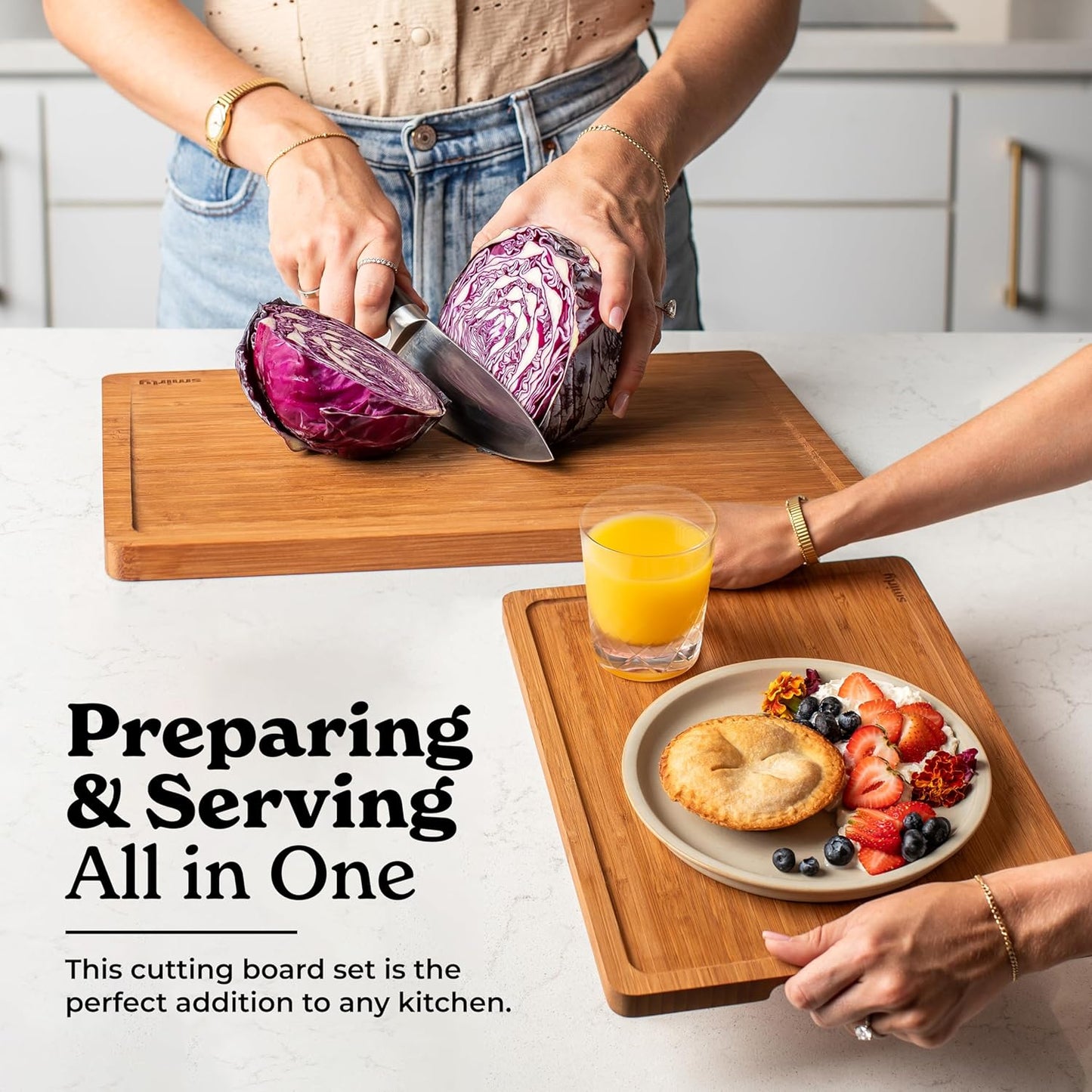 SMIRLY Bamboo Cutting Boards, Brown Bamboo Wood Cutting Board for Kitchen, Set of 4 with Holder & Deep Juice Groove, Butcher Block for Chopping Meat, Charcuterie Cheese Serving Tray, Kitchen Gadgets