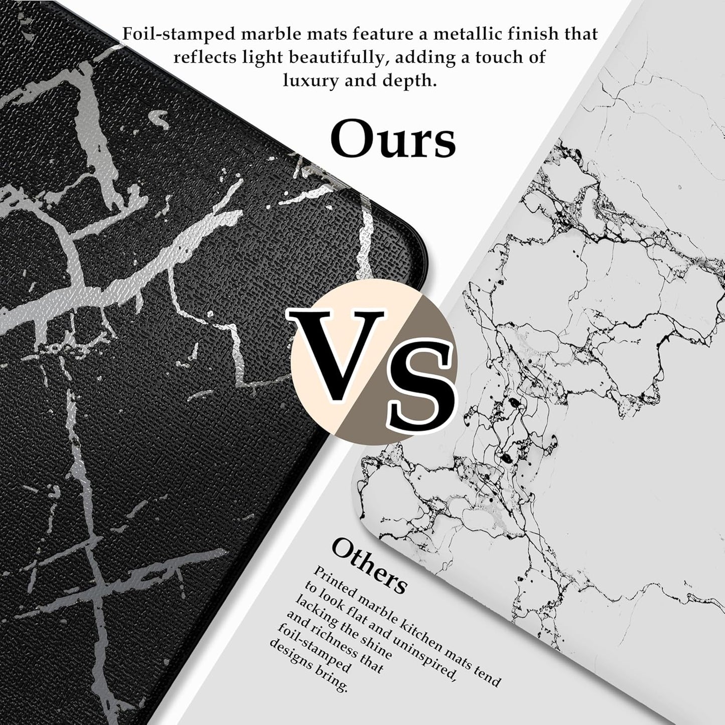 Silver Foil Stamped Marble Kitchen Mats for Floor 2PCS Cushioned Anti Fatigue Non Slip Waterproof Comfort Leather Kitchen Rugs 2/5 Inch PVC Kitchen Mats for Sink, Laundry, 17.3"x28"+17.3"x59", Black