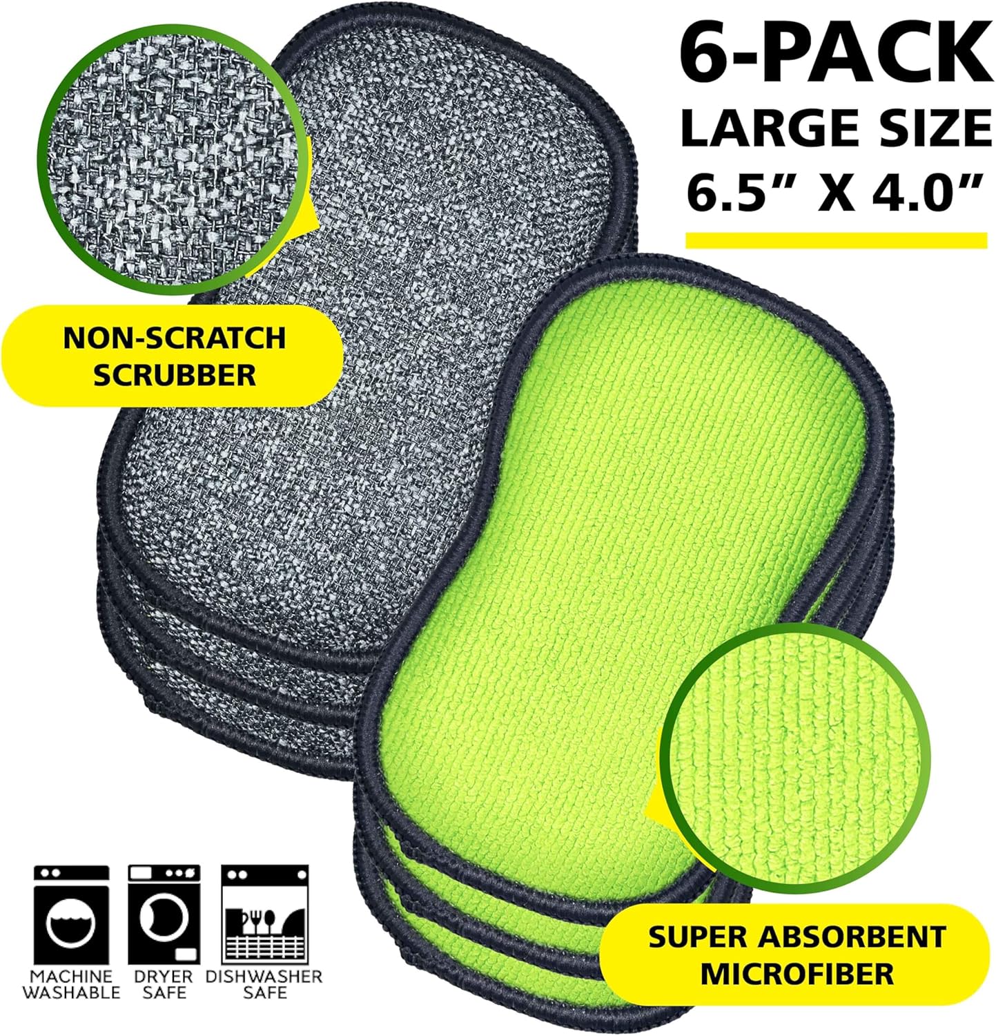 Fresh Tuff-Scrub Antimicrobial Microfiber Scrub-N-Wipe Sponge Pads, Fabric Treated with SILVADUR Antimicrobial Technology and Charcoal-Infused Foam, 6-Pack Green Large Size Pads