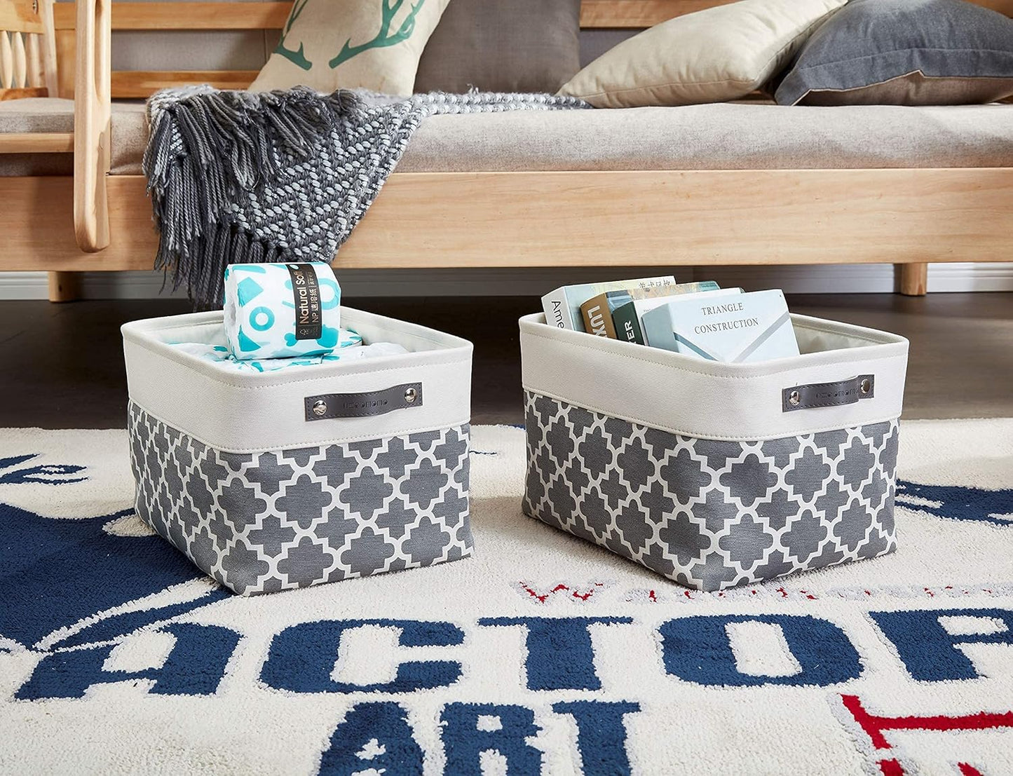 DECOMOMO Grey Storage Bins Fabric Storage Baskets for Shelves, Linen Closet Organization Toys Nursery (Grey Patterns, Large - 3 Pack)